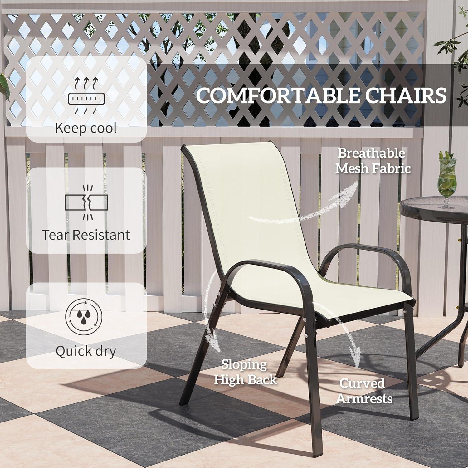 Outsunny 3 Pieces Outdoor Bistro Set, Patio Furniture with Stackable Chairs and Glass Table, High Back Small Patio Set for Balcony, Porch, Beige