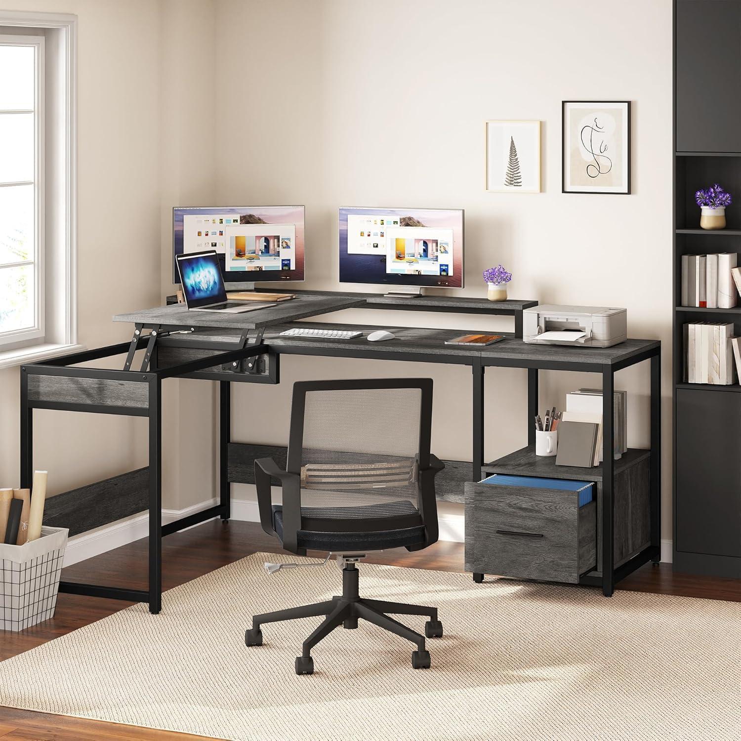 L Shaped Computer Desk with File Drawer, 65" L Shaped Desk with Monitor Stand, Height Adjustable Standing Desk , Gray
