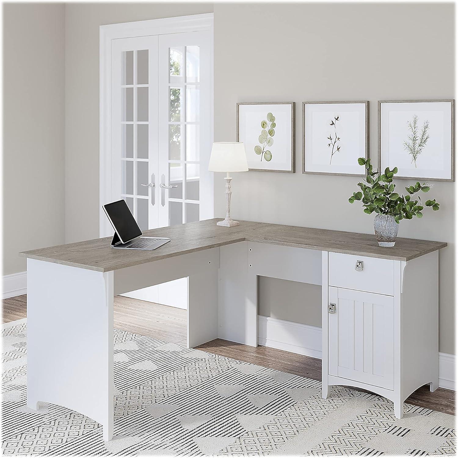 Shiplap Gray and Pure White L-Shaped Desk with Drawer and Filing Cabinet