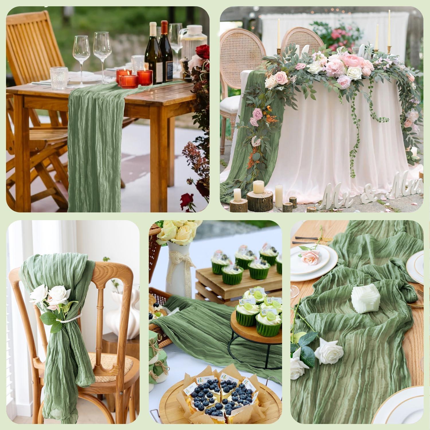 Mint Green Cheesecloth Table Runner 6 Pack 35" Boho Gauze Runner 120 inches Long Tablecloth Runner Rustic Sheer Fabric Bulk for Baby Shower Wedding Bridal Birthday Party Table Decorations