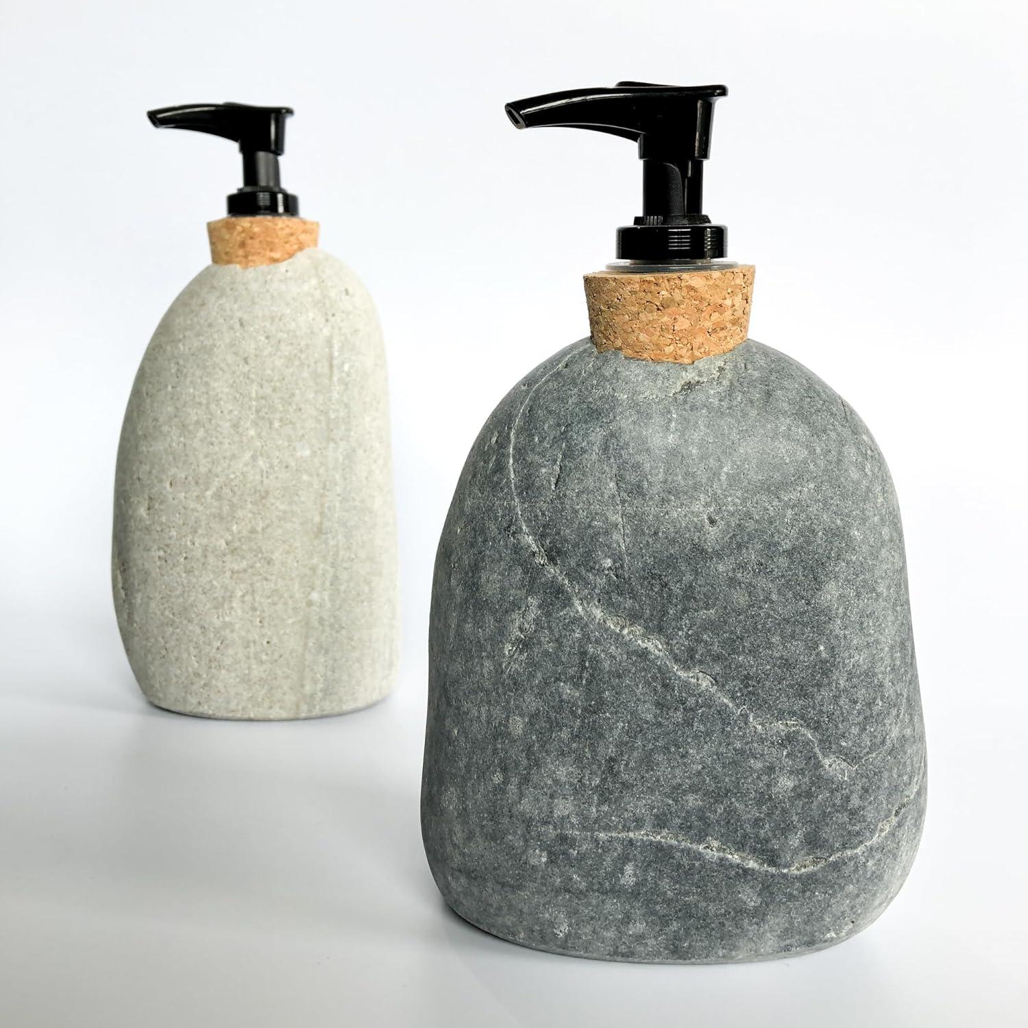 Soap and Lotion Dispenser - Handcrafted Natural Beach Stone, Rustic Home Decor