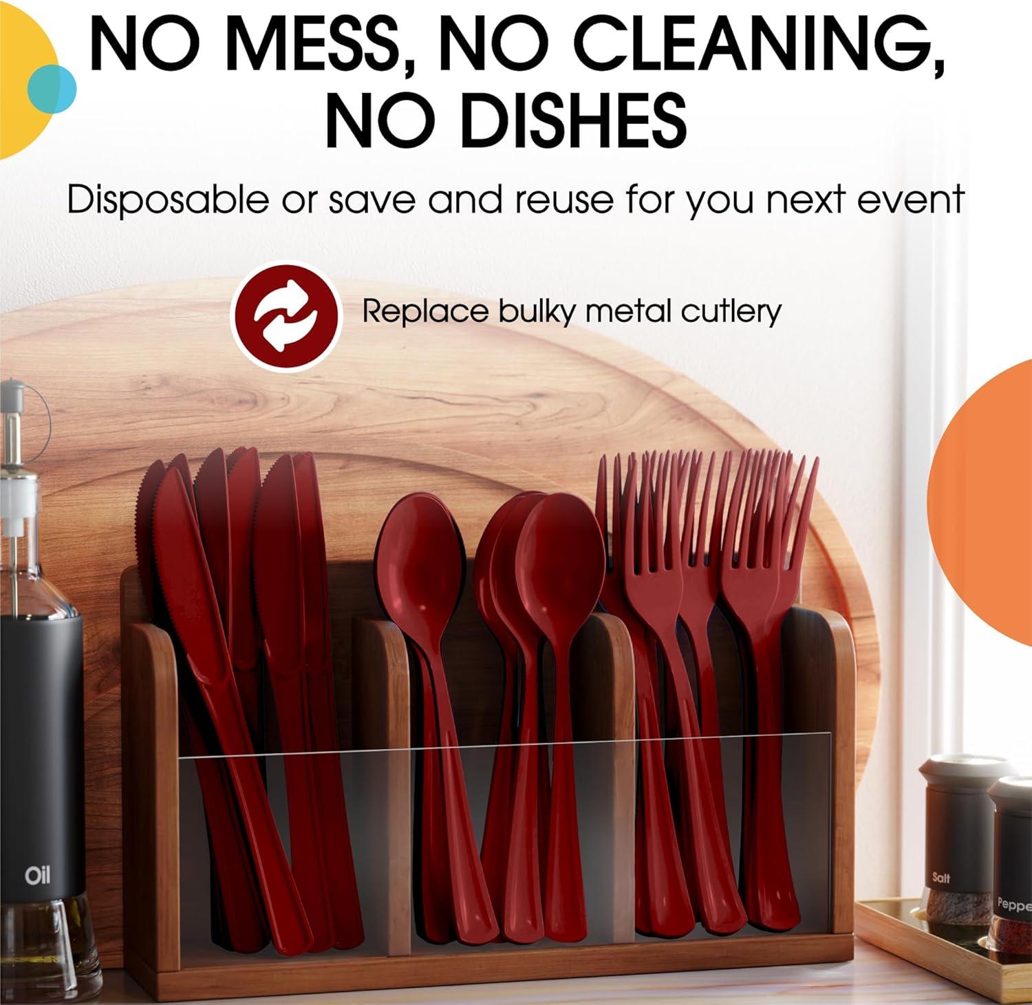 Exquisite Burgundy Plastic Utensil Cutlery Set Forks Spoons Knives- 150 Pack