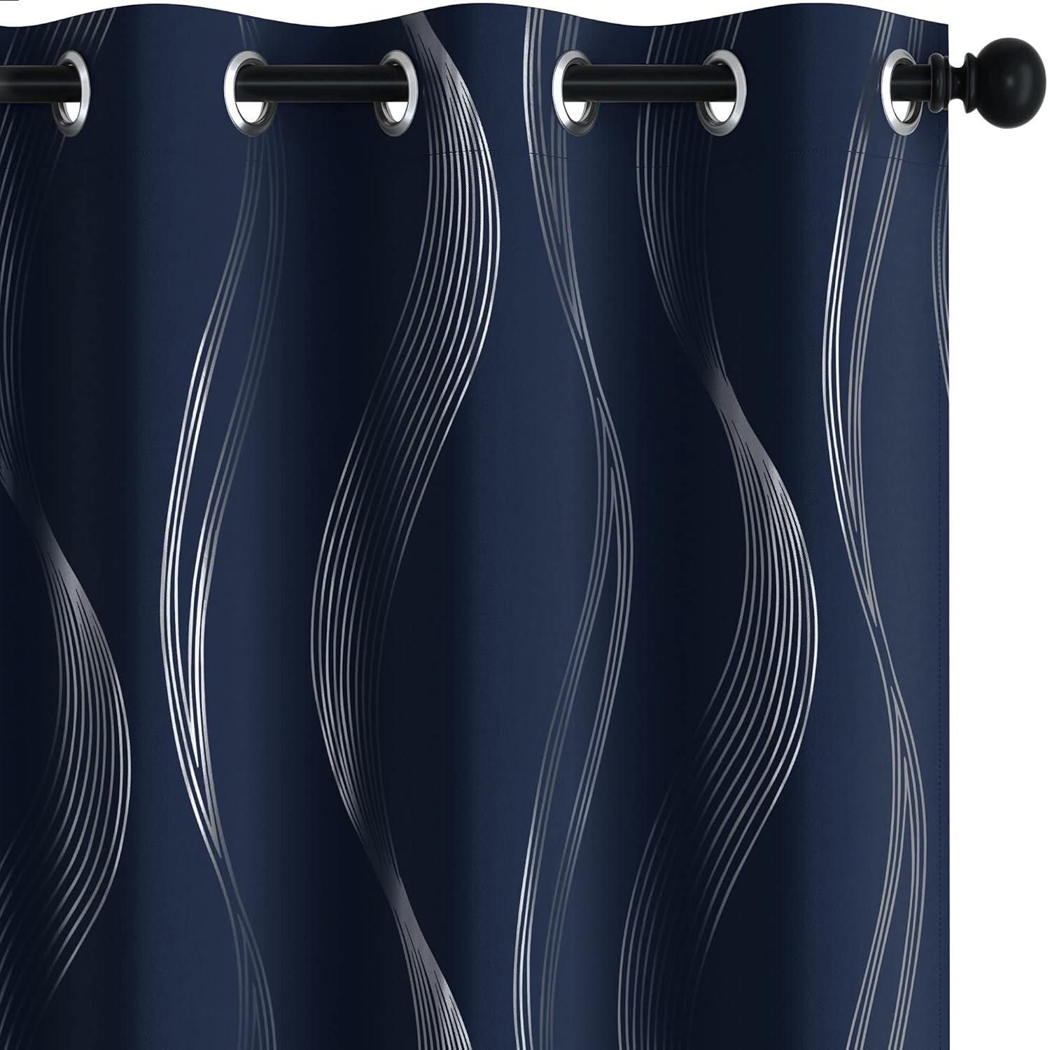 Deconovo Grommet Wave Line Foil Printed Thermal Insulated Blackout Curtains for Children 2 Panels 52x84 inch Navy Blue