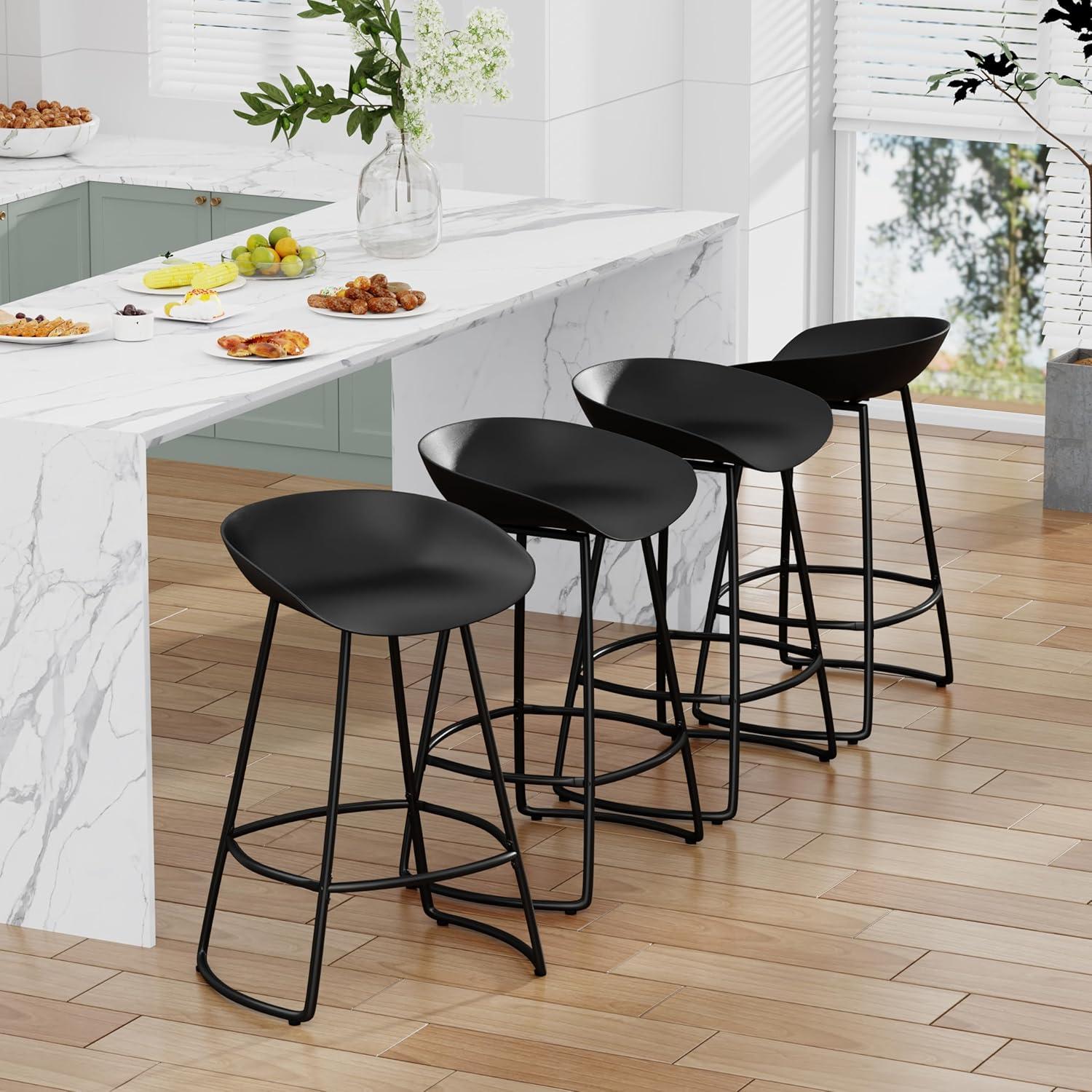 Andeworld 30" Swivel Bar Stools with Backs Plastic Counter Height Stools with Metal Legs (Set of 4, Black）