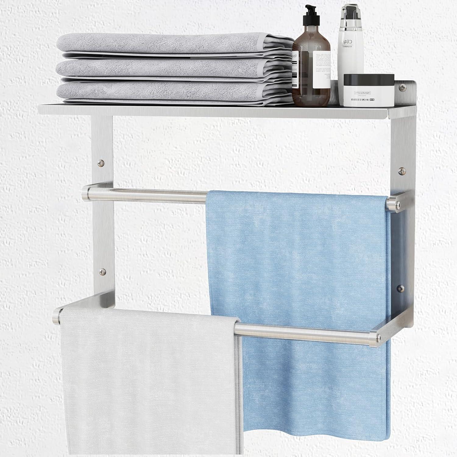 Towel Racks for Bathroom 3-Tier, 16.5" Hotel Towel Shelf with Double Towel Bar, Brushed Nickel Towel Rack Wall Mounted Stainless Steel Bathroom Towel Shelves Towel Holder for Bathroom Lavatory