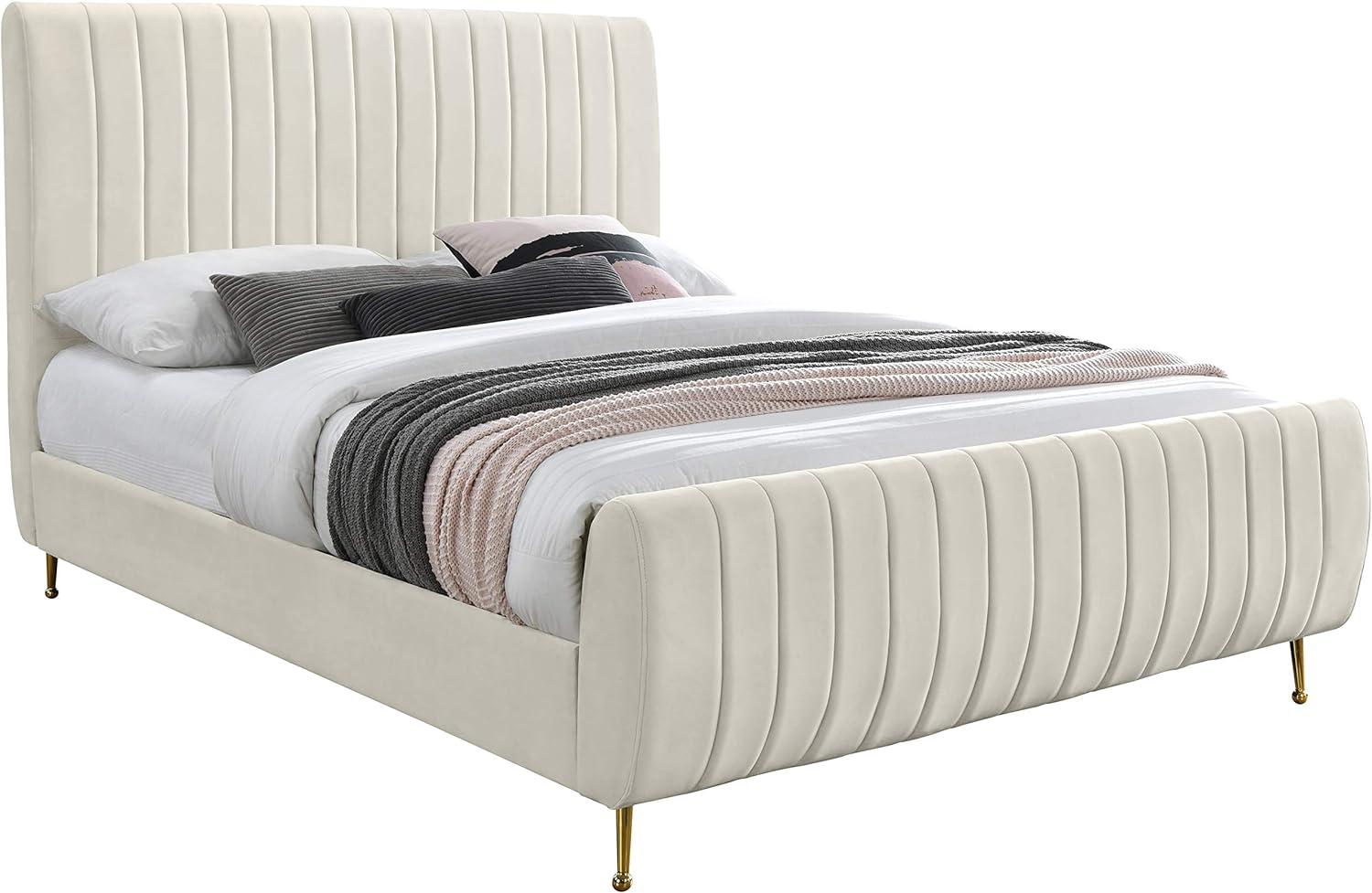 Cream Velvet Upholstered Queen Bed with Gold Legs