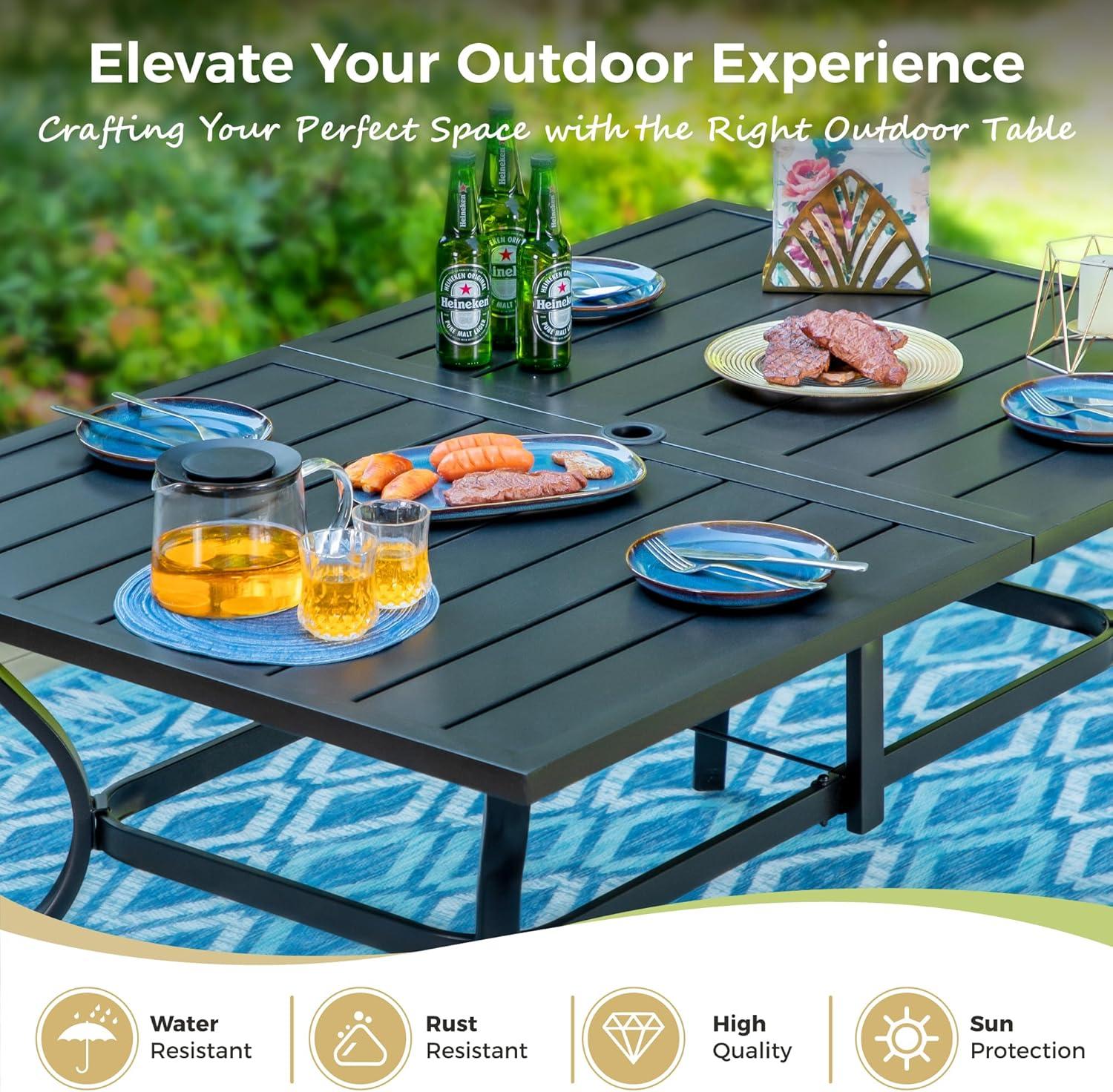 Summit Living 7-Piece Outdoor Patio Dining Set with Rectangle Steel Table with Wooden Tabletop & Textilene Chairs for 6-Person, Black & Blue