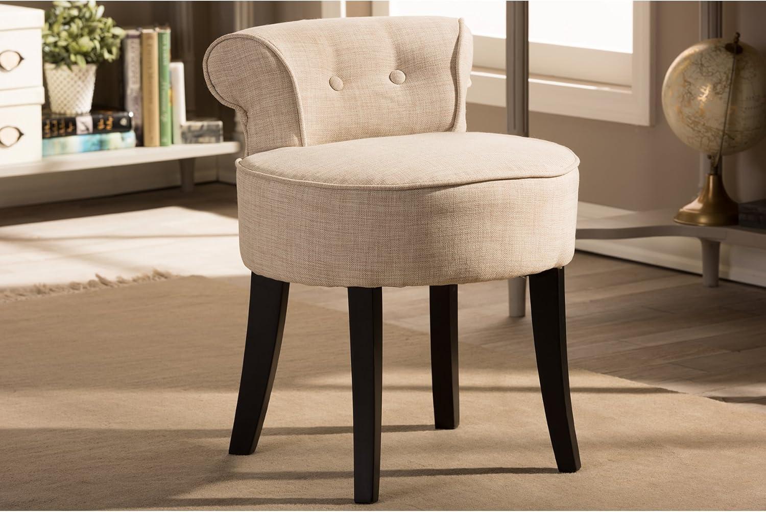 Millani Beige Linen Modern Lounge Stool with Black Birch Legs