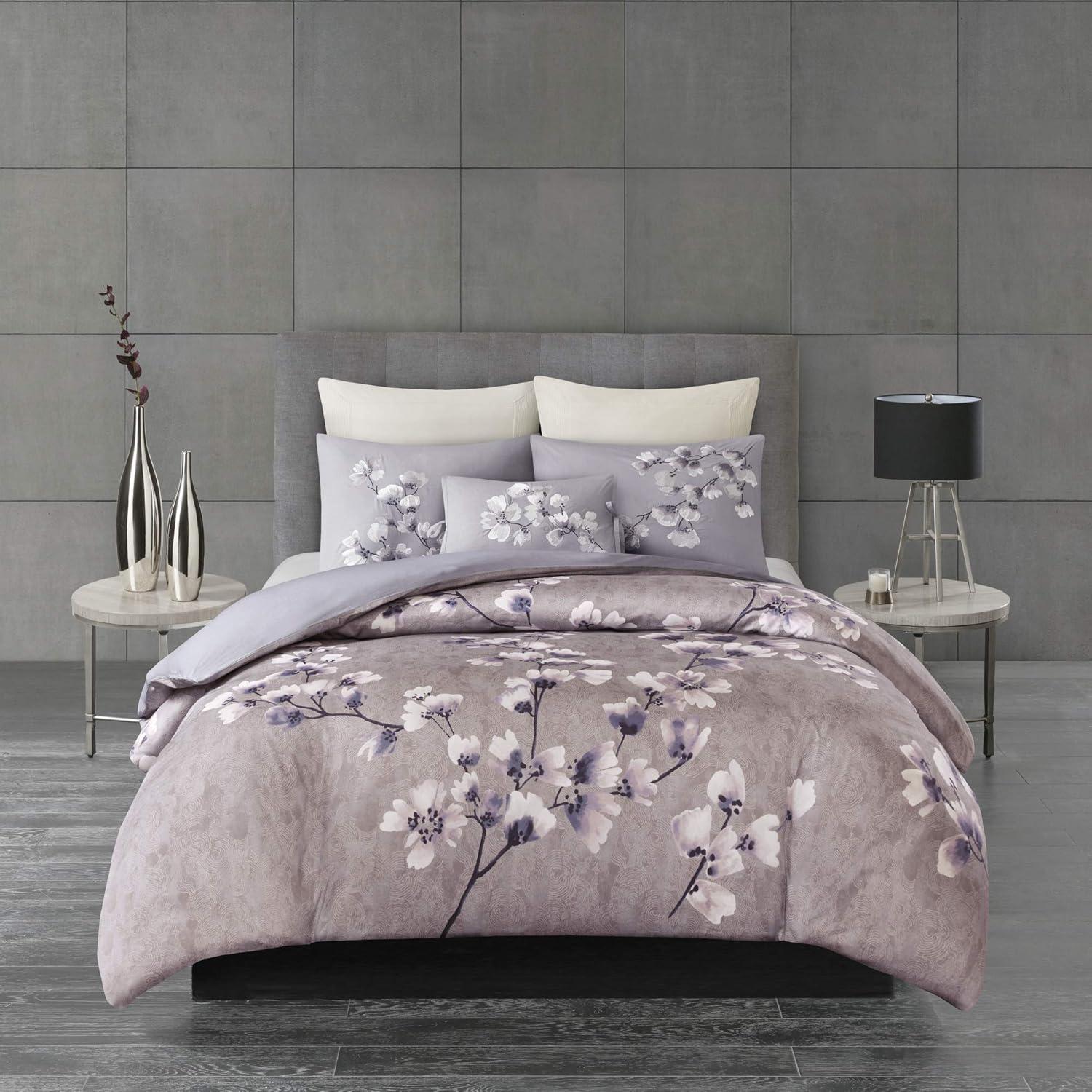 Lilac Cotton King Floral Duvet Cover Set with Embroidered Shams