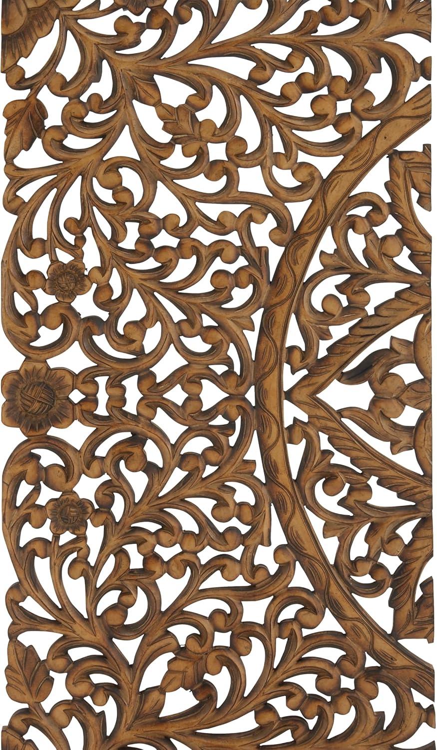 DecMode Brown Wooden Handmade Intricately Carved Floral Wall Decor (3 Count)