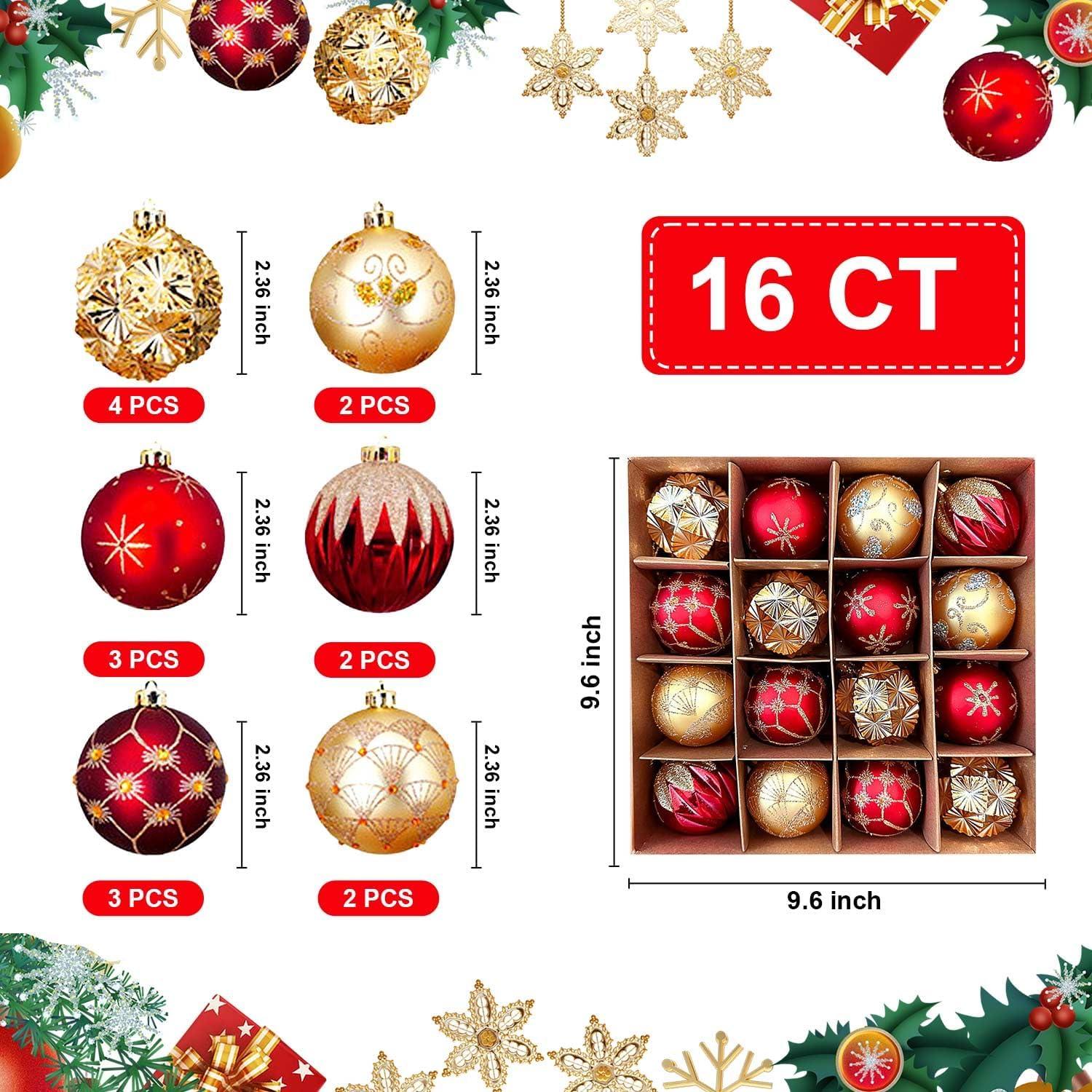 16 Pcs Christmas Ball Ornaments Set for Xmas Tree, 2.36" Red Gold Christmas Tree Ornaments, Shatterproof Plastic Hanging Holiday Balls for Home Decor Festive Christmas Party