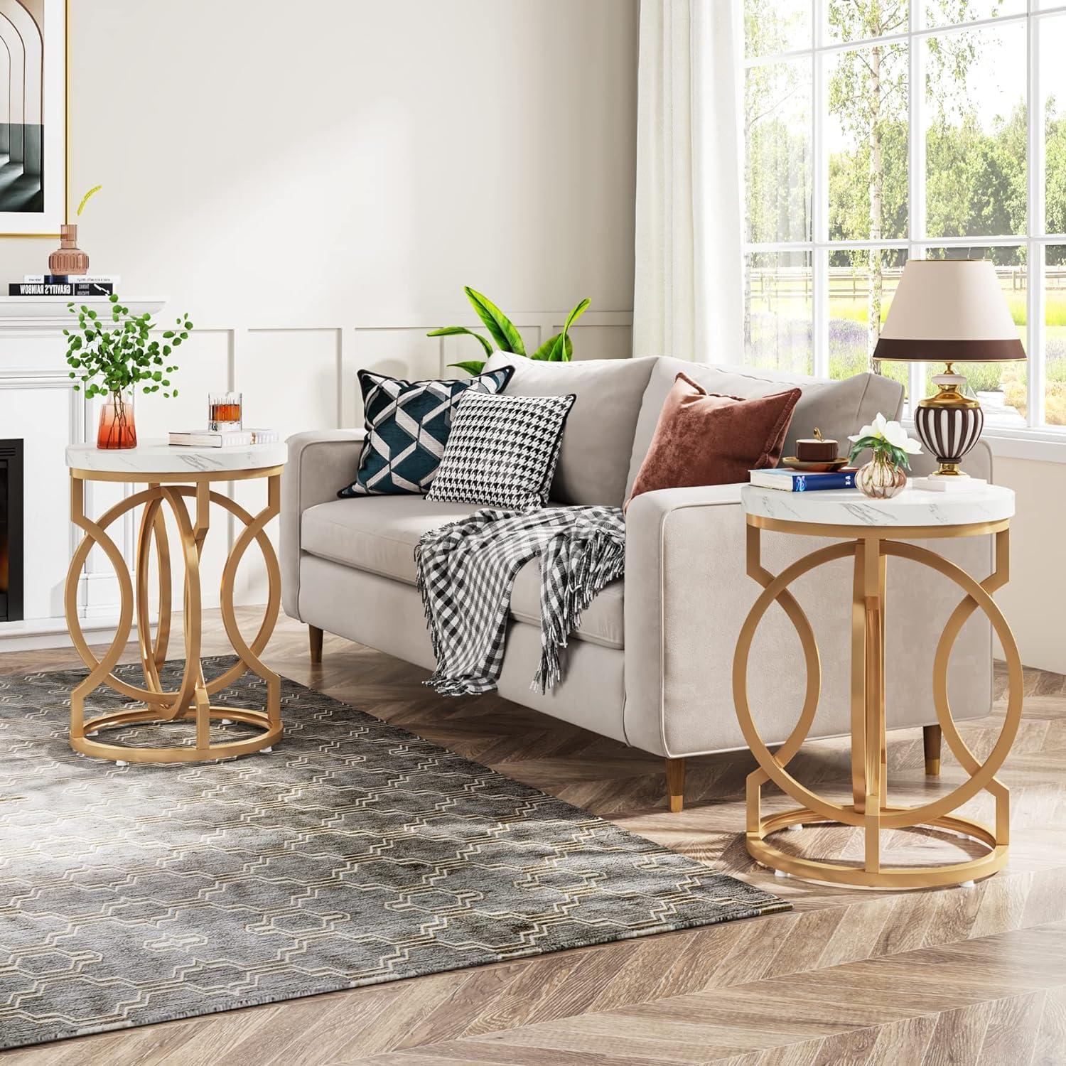 Tribesigns Morden Round End Table with Faux Marble White Top, 20" Sofa Side Table Coffee Table Cocktail Table with Unique Gold O-shaped Base for Living Room Bedroom