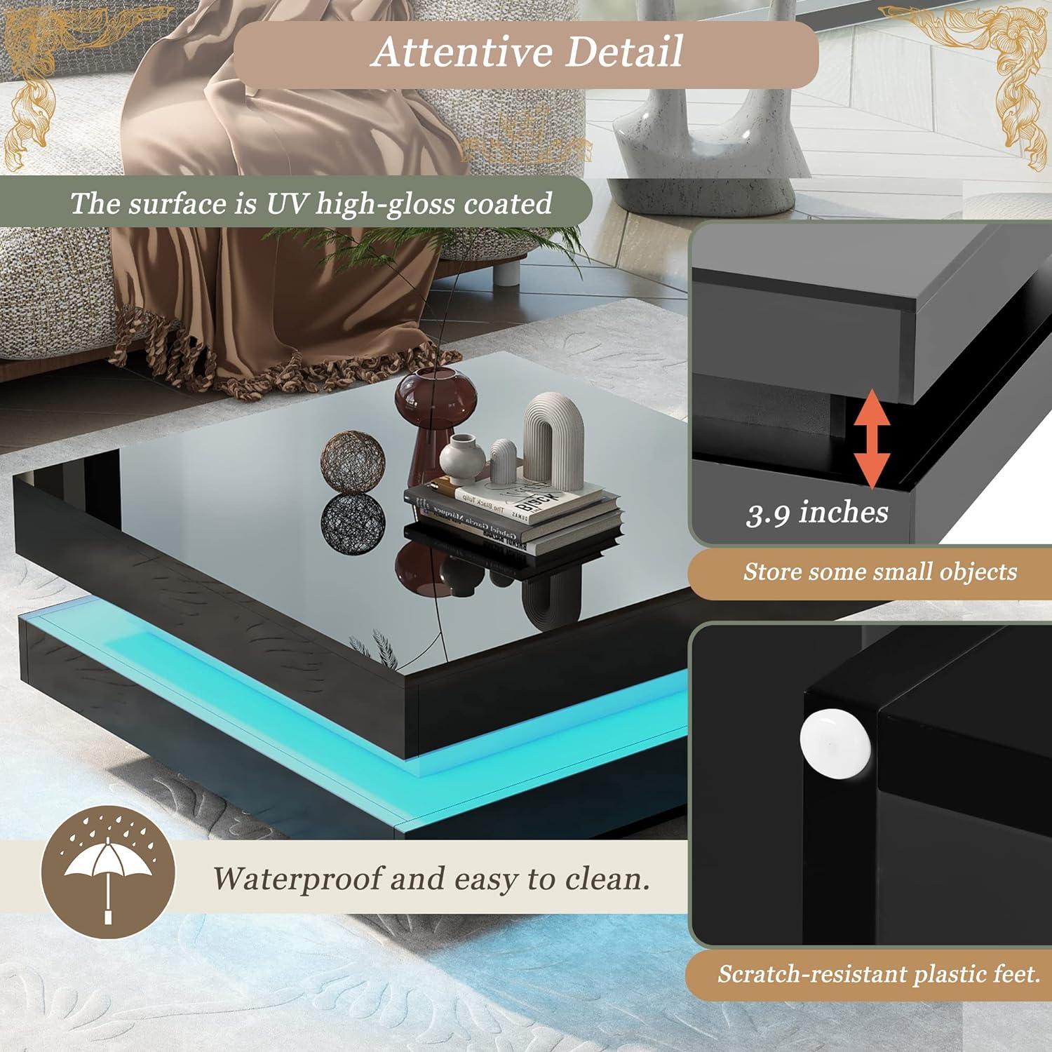 Modern Coffee Table, 2-Tier Square Coffee Table with Plug-in 16-Color LED Lights, High Gloss Coffee Table, Center Table for Living Room, 31.5”x31.5”x14.2”, Black