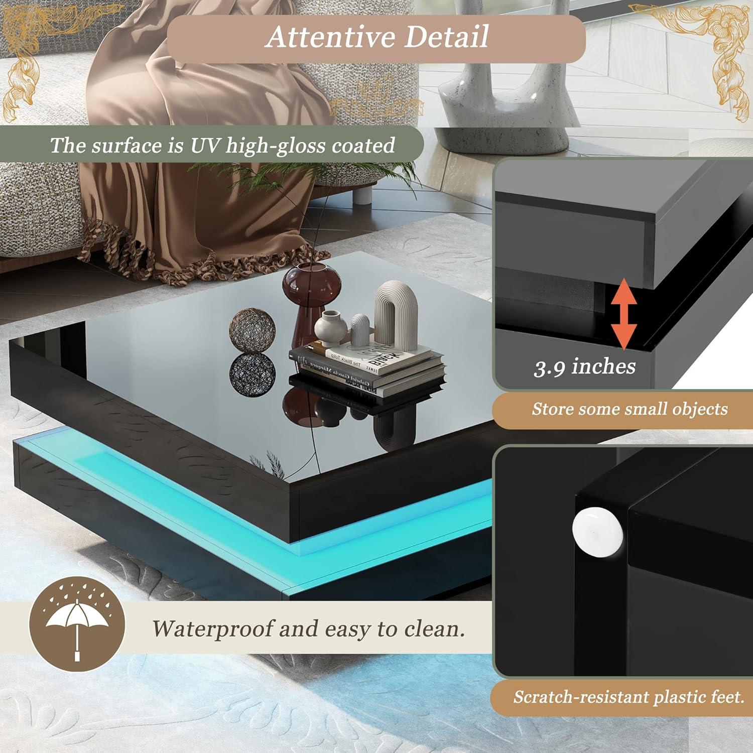 Modern Coffee Table, 2-Tier Square Coffee Table with Plug-in 16-Color LED Lights, High Gloss Coffee Table, Center Table for Living Room, 31.5”x31.5”x14.2”, Black