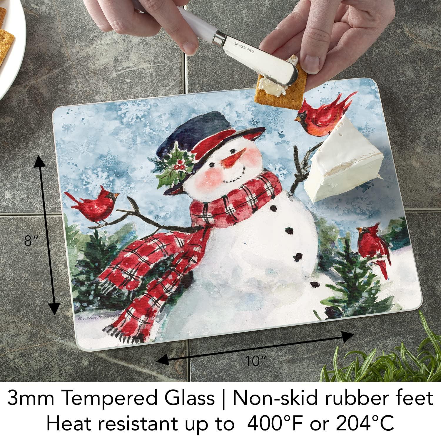 CounterArt "Watercolor Snowman" 3mm Tempered Glass Cutting Board 10" by 8"