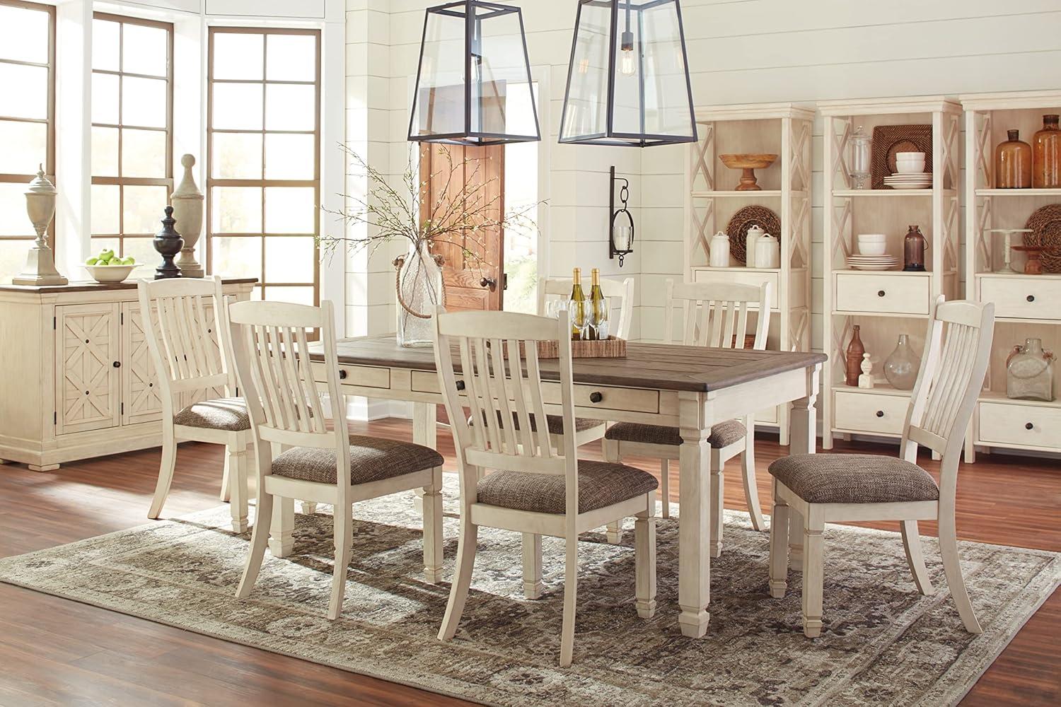 Antique White Linen Upholstered Side Chair with Weathered Oak Accents