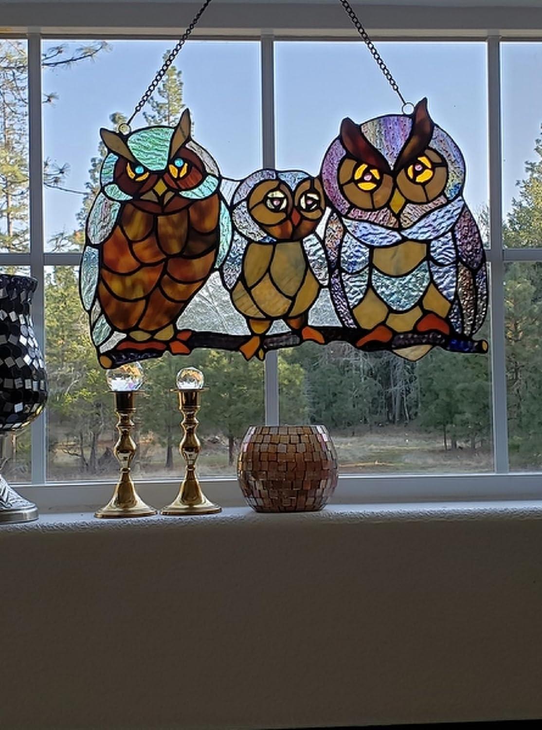 Ollie Multicolor Stained Glass Owl Family Window Panel