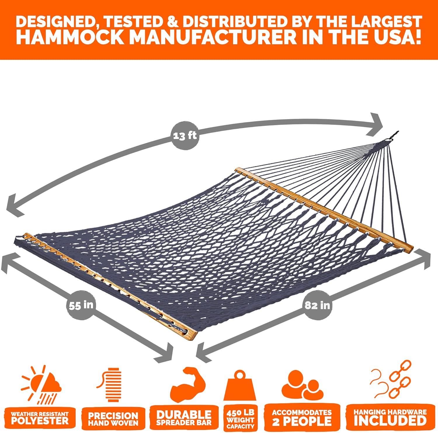 Castaway Living 13 ft. Double Navy Polyester Rope Hammock with Free Extension Chains ,Tree Hooks & Storage Bag