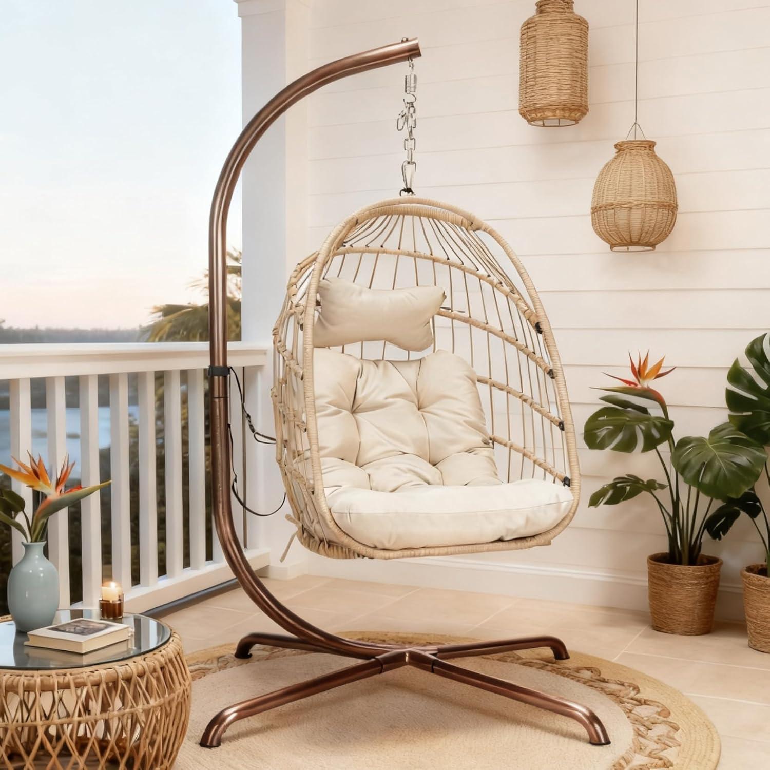 RADIATA Outdoor Foldable Hanging Egg Chair with Stand, PE Wicker Swing Chair with Cushion and Headrest, 350 lbs Capacity, Beige