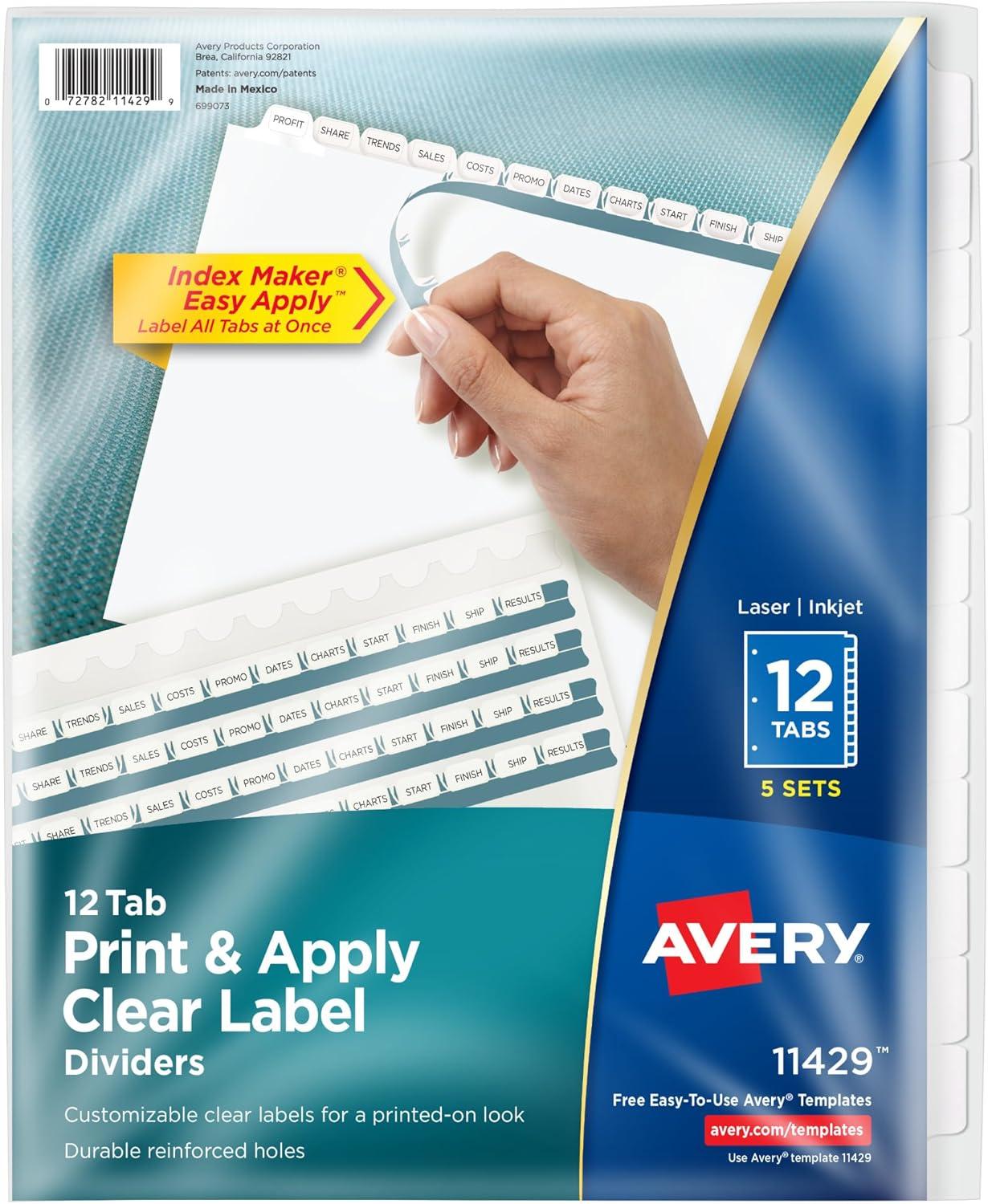 Avery Print & Apply Clear Label Dividers w/White Tabs 12-Tab Letter 5 Sets 11429