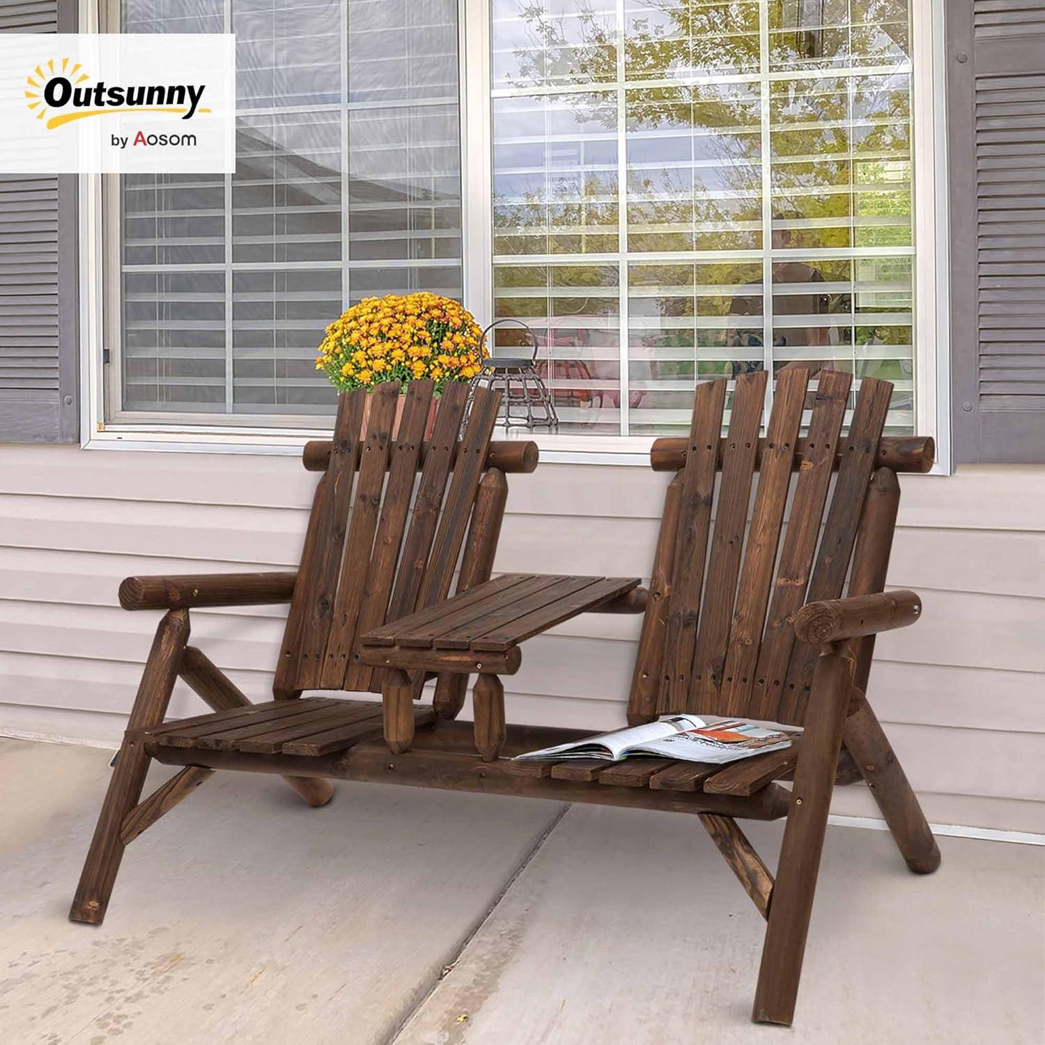 Outsunny Outdoor Wood Adirondack Bench Chair with Center Table, Brown