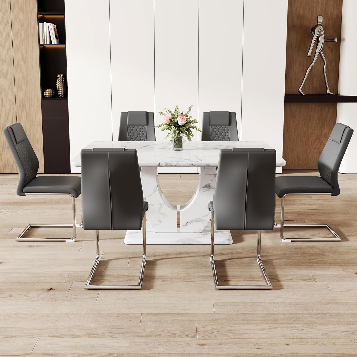 Modern White Faux Marble Dining Table Set with 6 Gray PU Leather Chairs