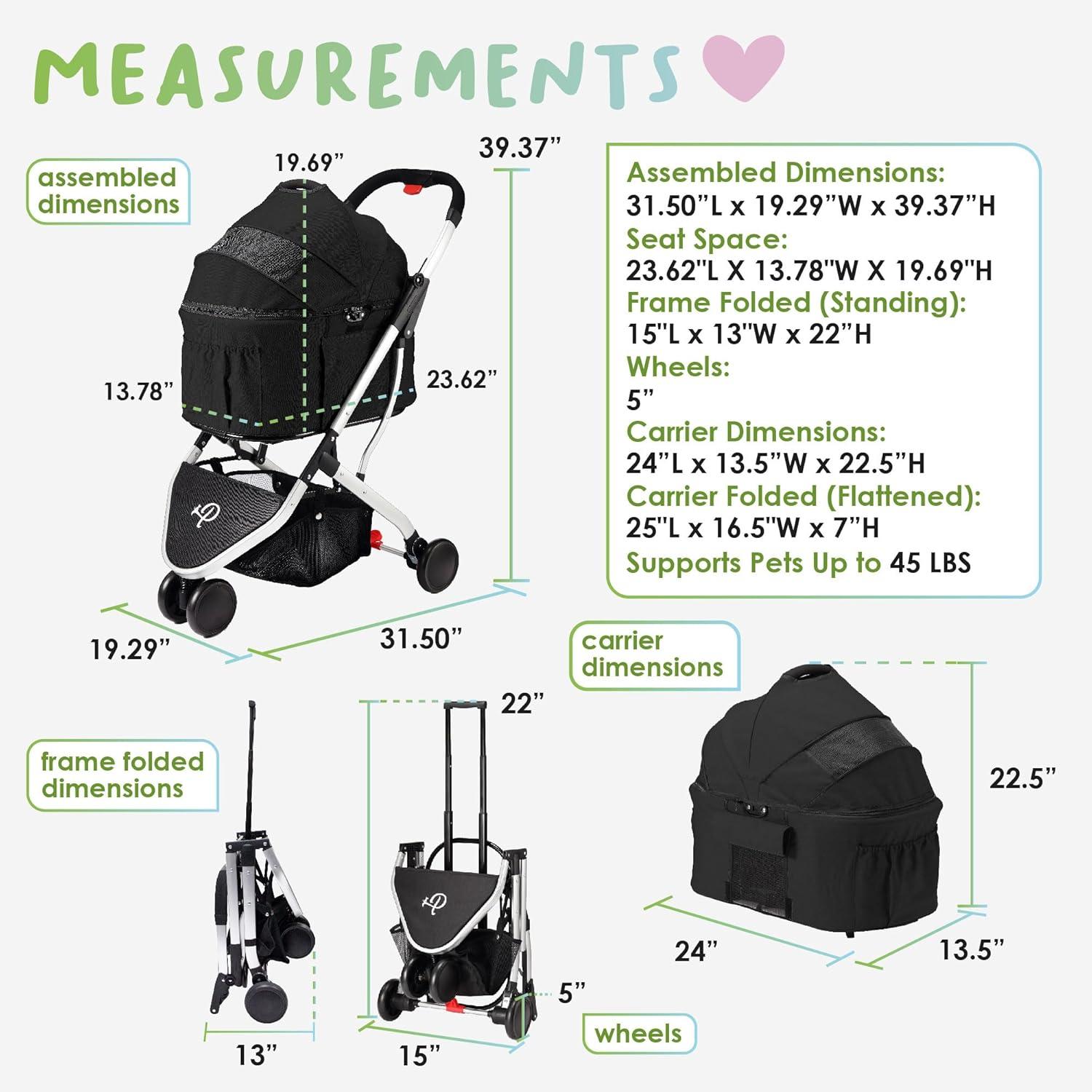 Midnight Black 3-in-1 Pet Stroller with Carrier and Car Seat