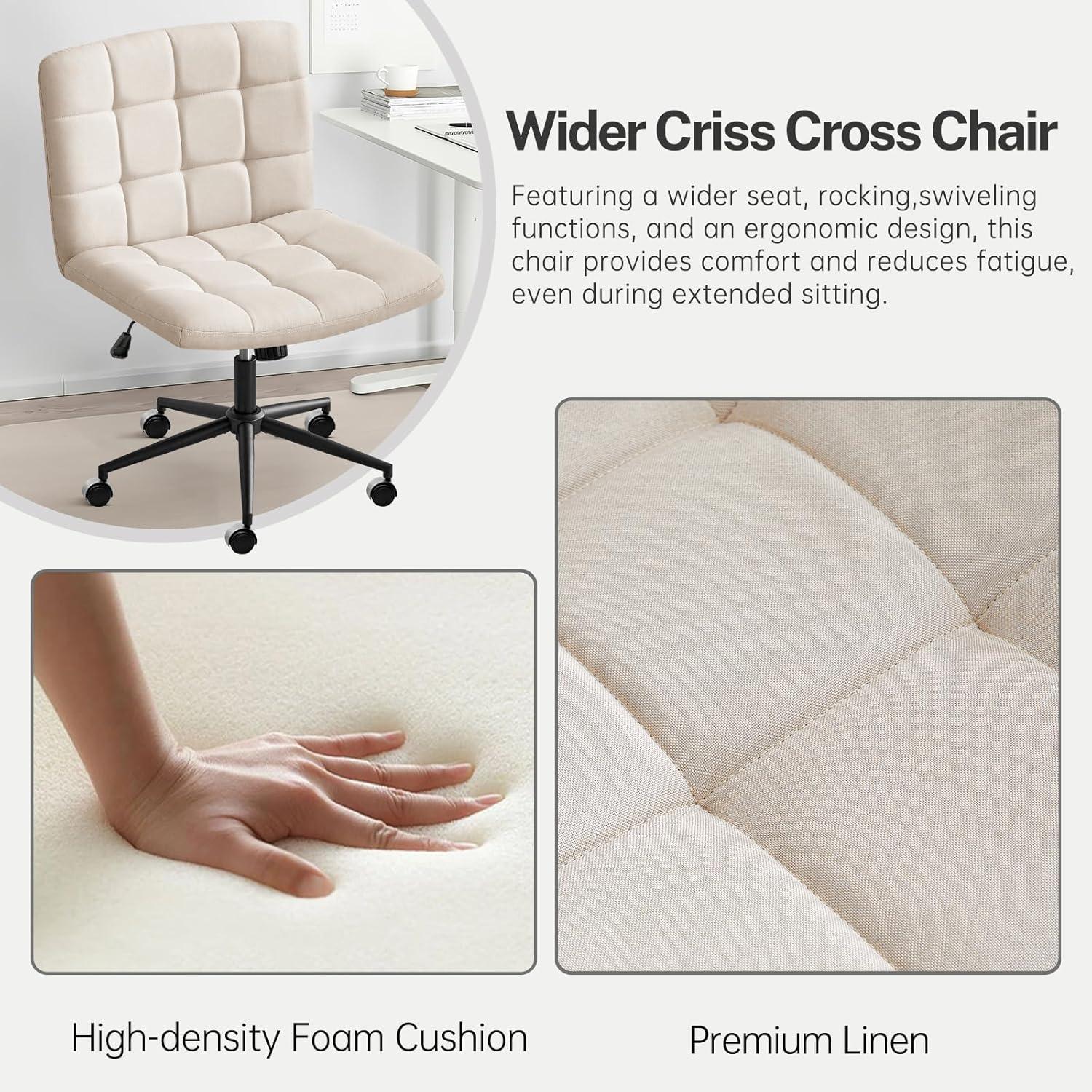 Furniliving Home Office Desk Chair with Wheels,Criss Cross Legged Wide Chair Armless Height Adjustable Chair with Mid Back Swivel Accent Vanity Chairs,Linen-Beige