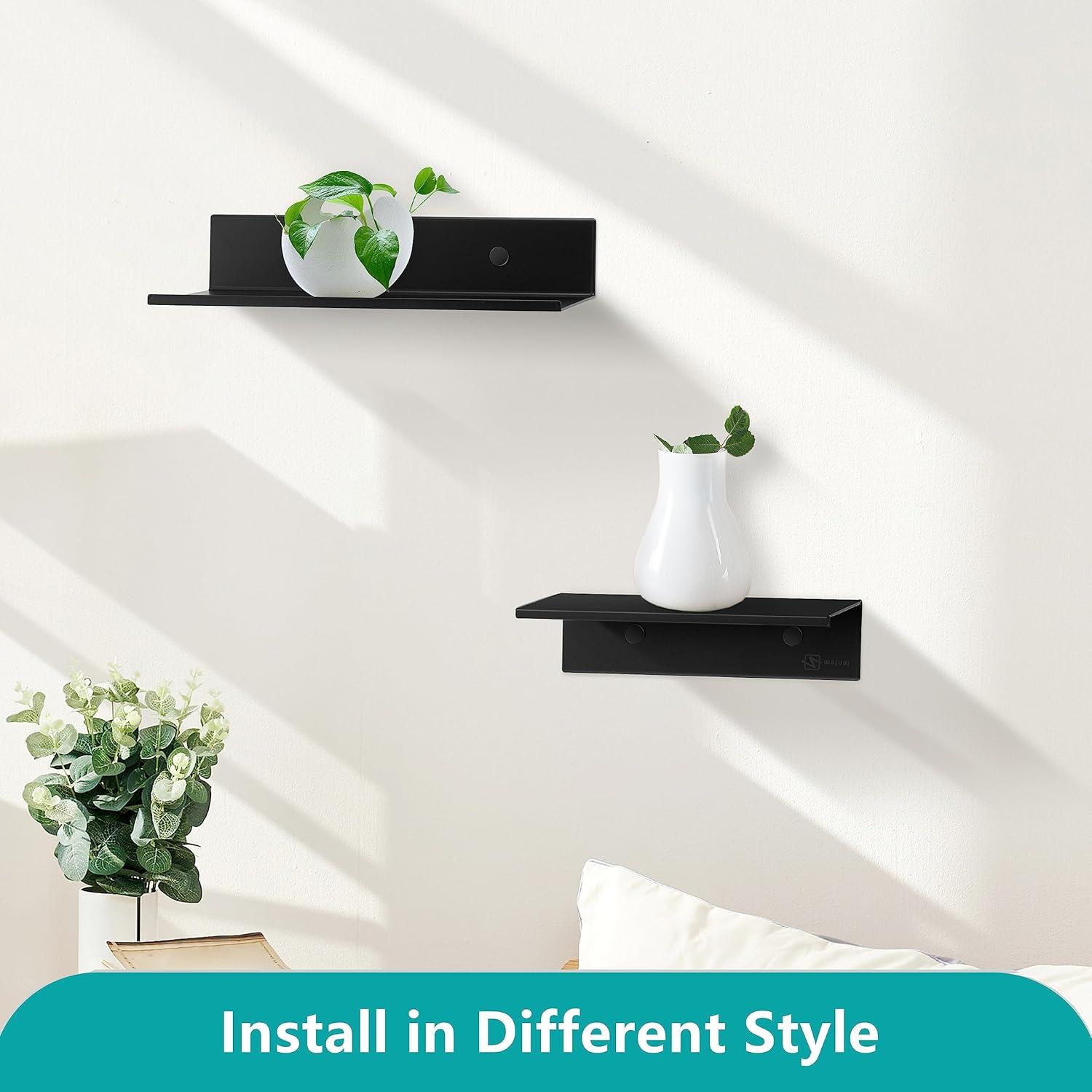 TLBTEK 2 Pcs 16inch Black Floating Shelves,Rustic Farmhouse Floating Shelves Wall Mounted Storage for Bathroom, Bedroom, Living Room, Kitchen