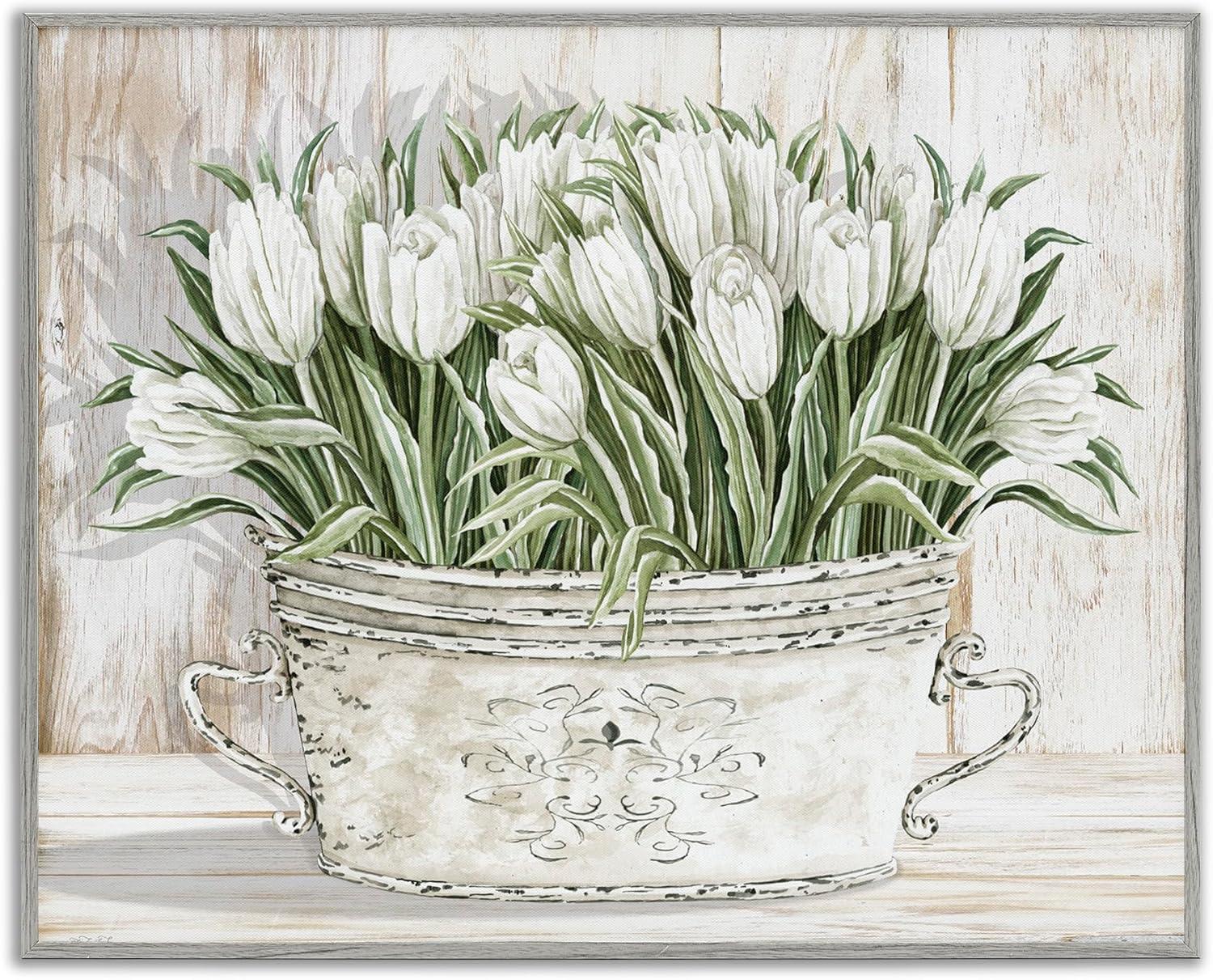 Stupell Industries White Tulip Flowers Fresh Vintage Country Tin Painting Framed Giclee Texturized Art by Cindy Jacobs