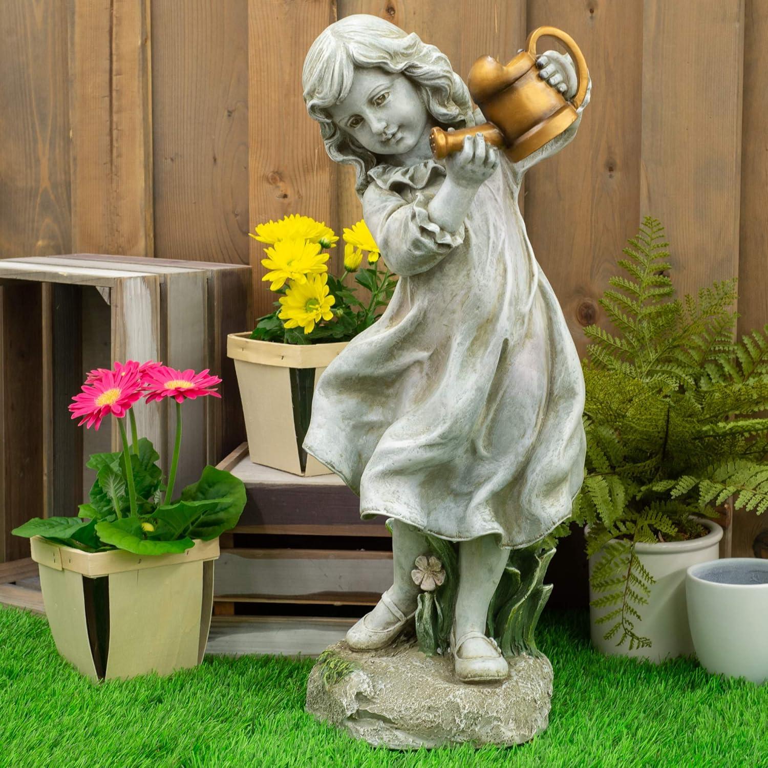 Gray Resin Girl with Bronze Watering Can Garden Statue