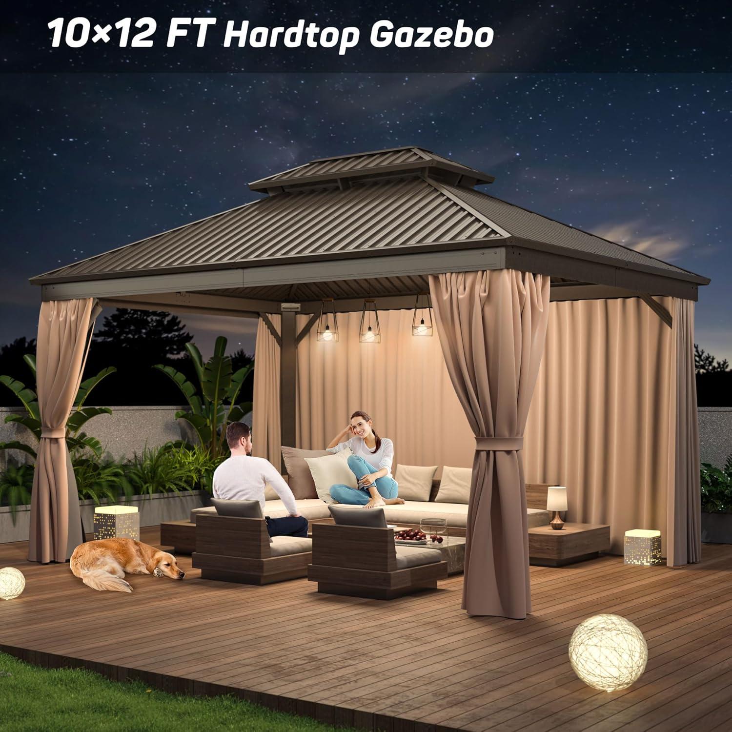 Ulax Furniture 10Ft x 12Ft Patio Hardtop Gazebo Outdoor Aluminum Pergola with Galvanized Steel Double Roof Canopy, Polyester Curtain and Mosquito Net, 10, Brown