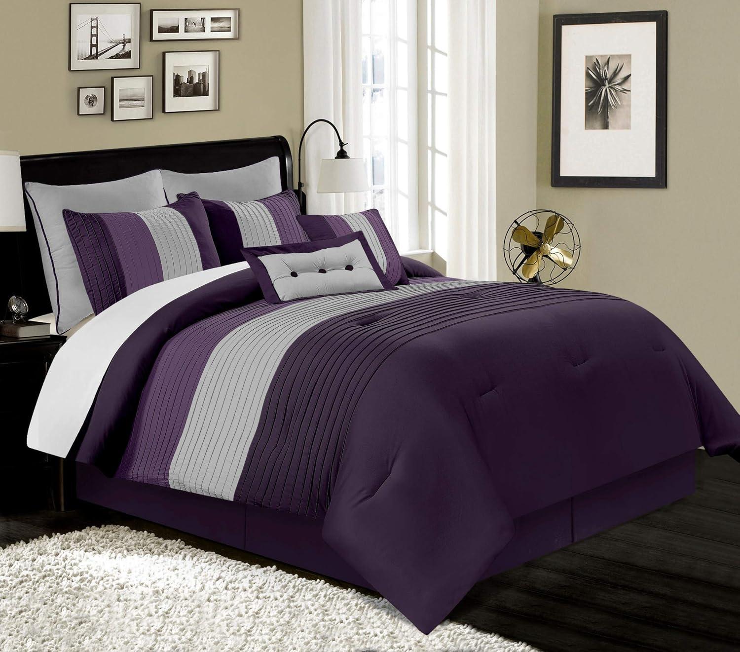 Queen Purple and Gray Striped Polyester Comforter Set