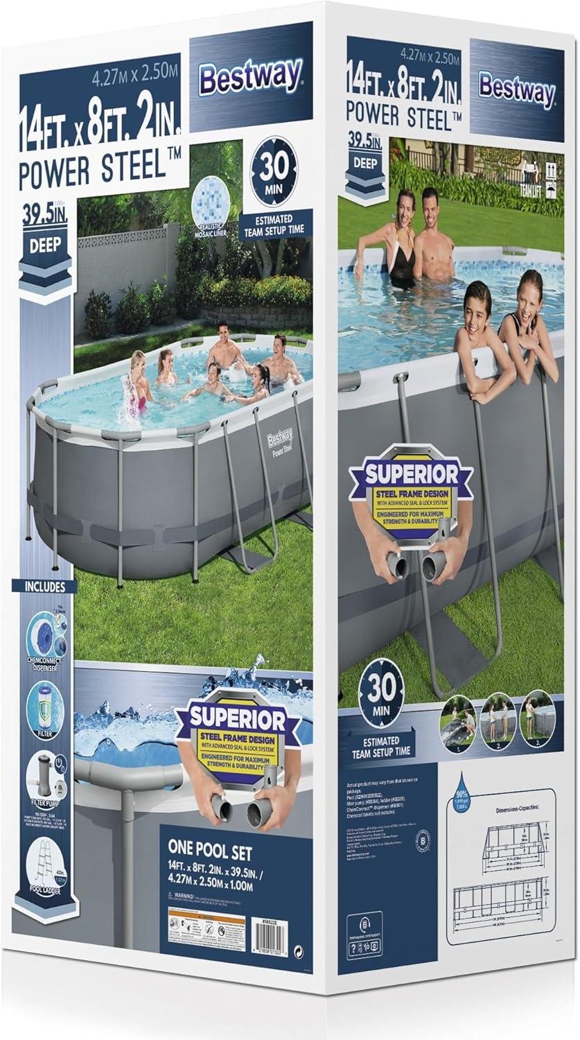 Bestway Power Steel 14' x 8'2" x 39.5" Oval Above Ground Pool Set | Includes 530gal Filter Pump, Ladder, ChemConnect Dispener