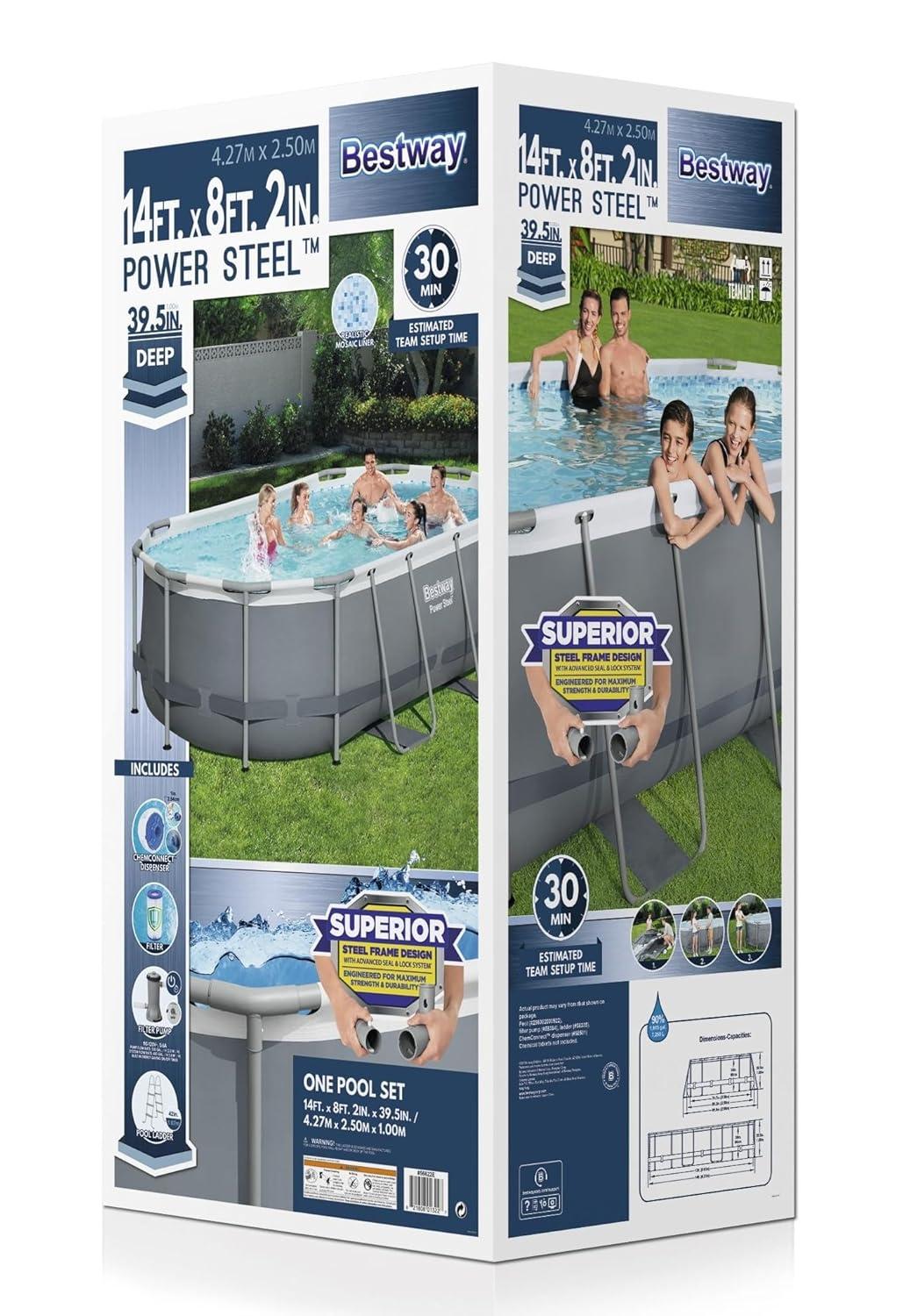 Bestway Power Steel 14' x 8'2" x 39.5" Oval Above Ground Pool Set | Includes 530gal Filter Pump, Ladder, ChemConnect Dispener
