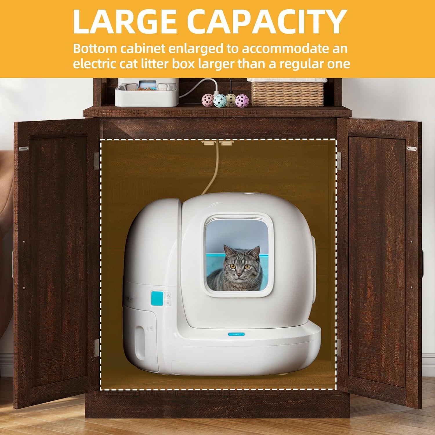 DWVO Large Hidden Cat Litter Box Enclosure Furniture with 2 Shelf Cat Washroom Storage with Charging Station，Wooden Cat Cabinet for Litter Box - Gray