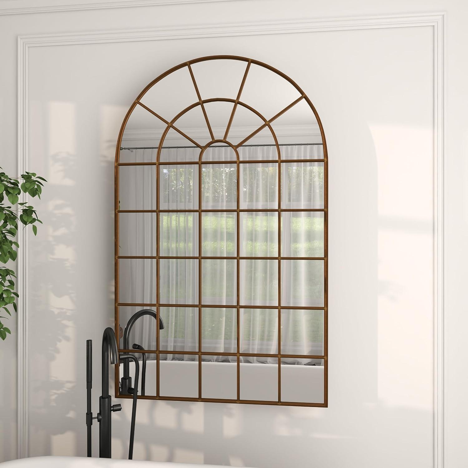 DecMode Contemporary Squre Wood Window Shaped Wall Mirror, 56"W x 44"H with Distressed Brass Colored Frame