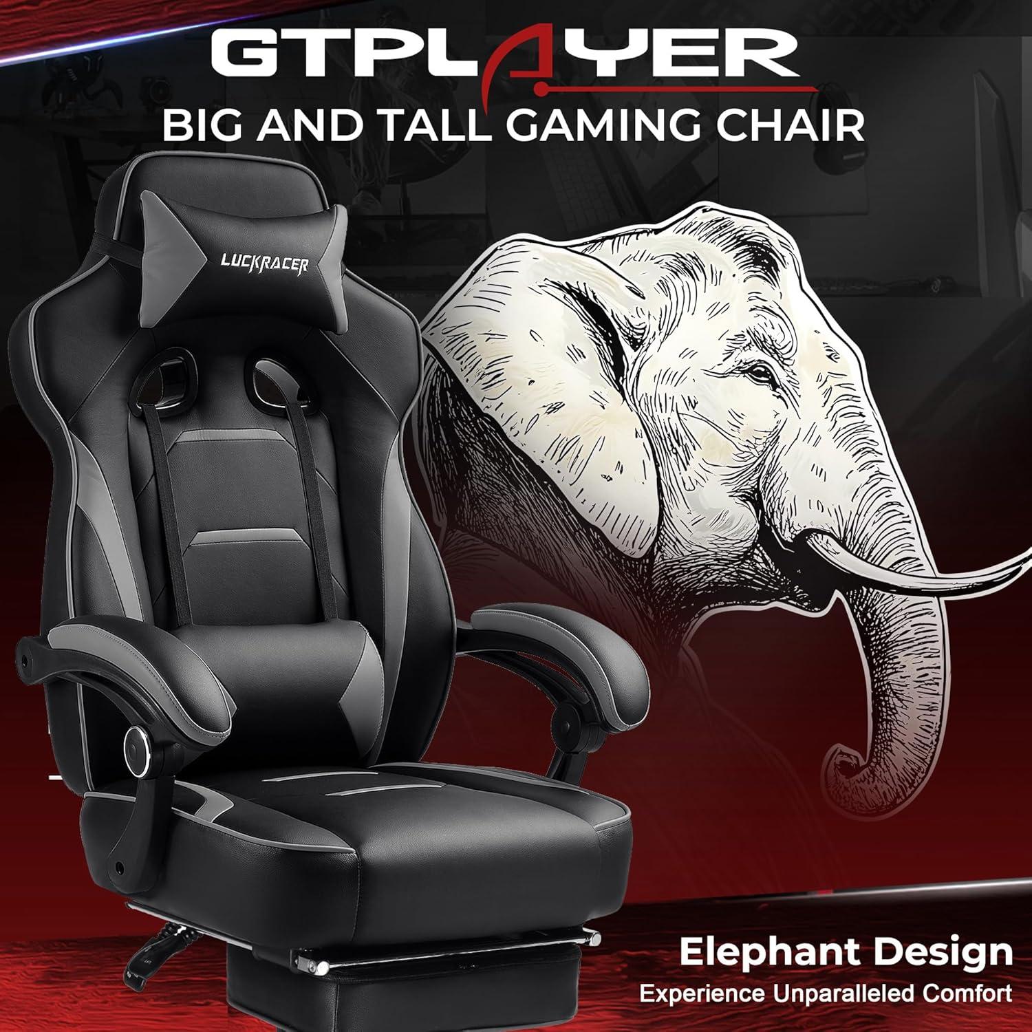 GTPLAYER Gaming Chair with Footrest, Big and Tall Game Chair 350lb Racing Style Computer Chair, Ergonomic Executive Office Chair High Back with Lumbar Support and Recliner, Gray