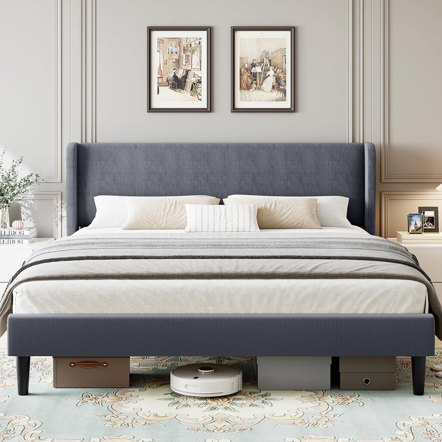 Ebern Designs Upholstered Bed Frame with Wingback Headboard, Luxurious Velvet Upholstery Platform Bed, Wooden Slat Support - Box Spring Optional,Easy Assembly