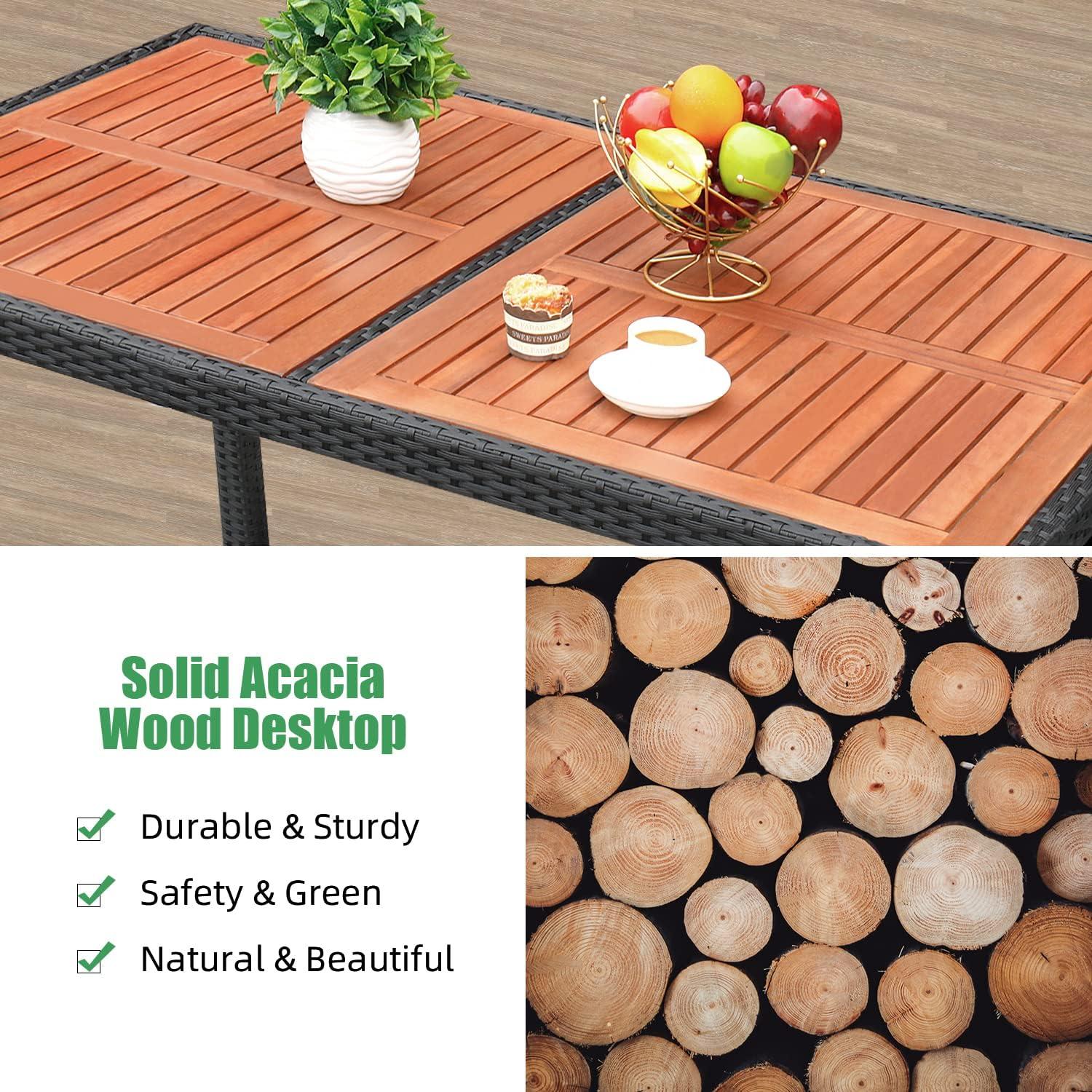 Zimtown 7 Piece Patio Dining Set, Outdoor Patio Conversation Set with Acacia Wood Table Top and Rattan Chairs and Soft Seat Cushions for Deck Backyard Garden, Black