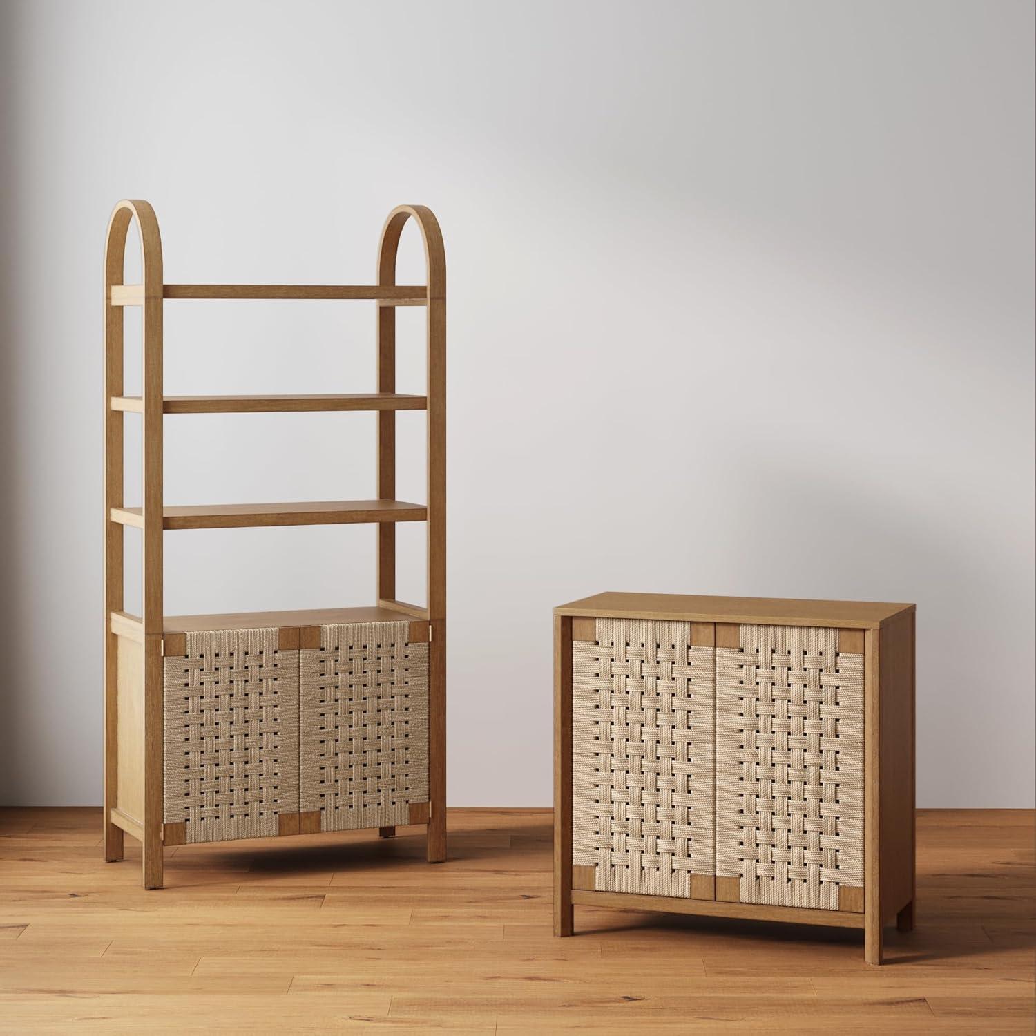 Rustic Wood TV Stand Cabinet With Seagrass Door Panels