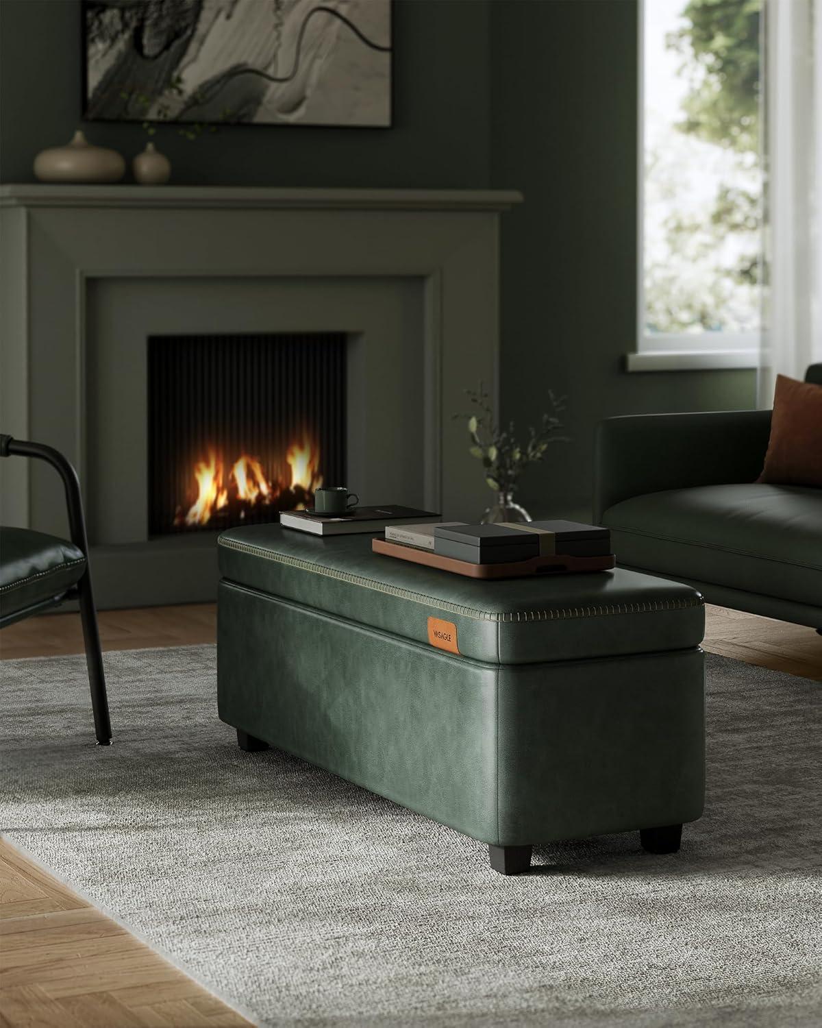 Forest Green Synthetic Leather Storage Ottoman Bench with Stitching