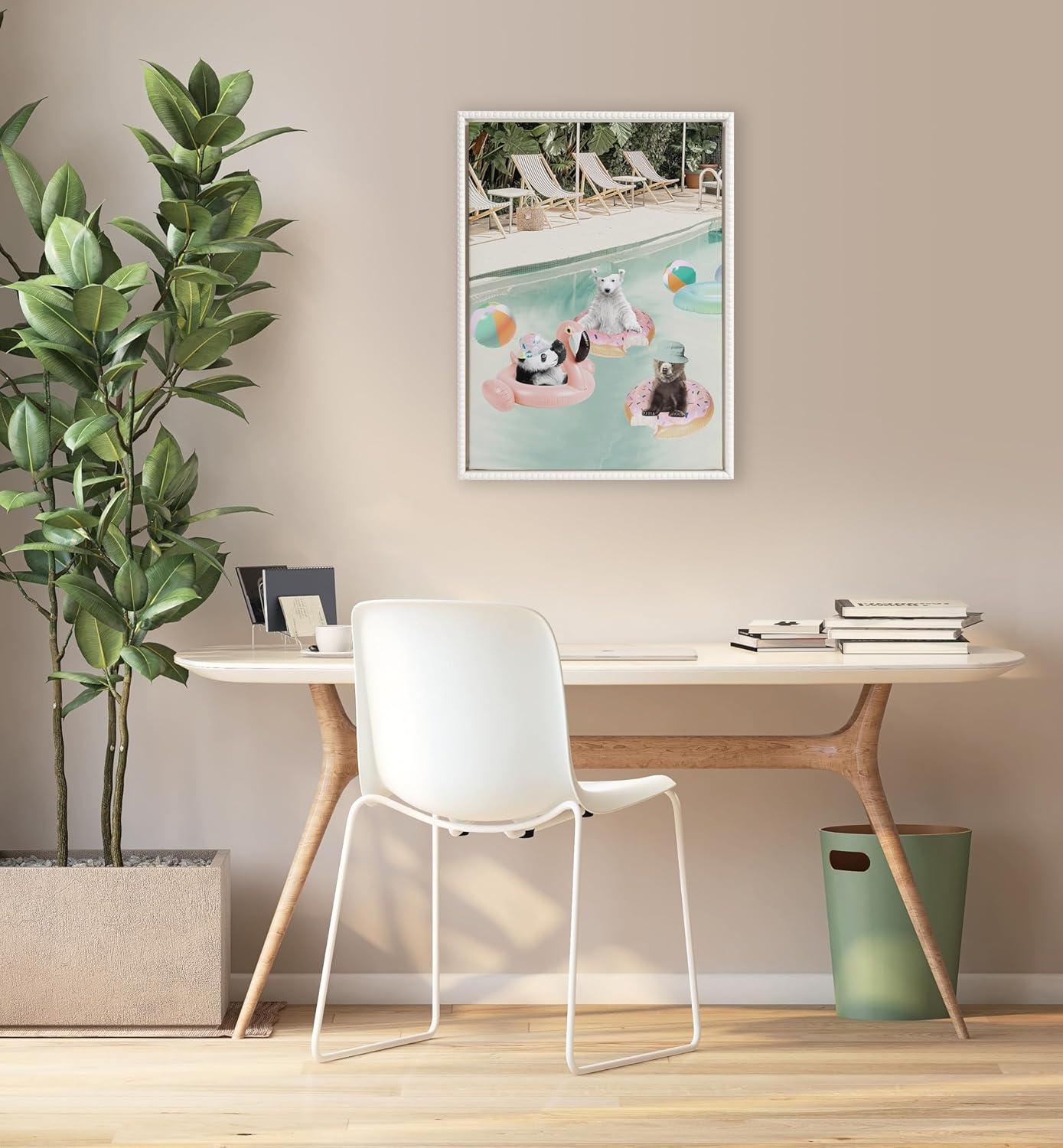 Kate and Laurel Sylvie Beaded Pool Party Vintage Framed Canvas Wall Art by July Art Prints, 18x24 White, Animal Pool House Wall Decor