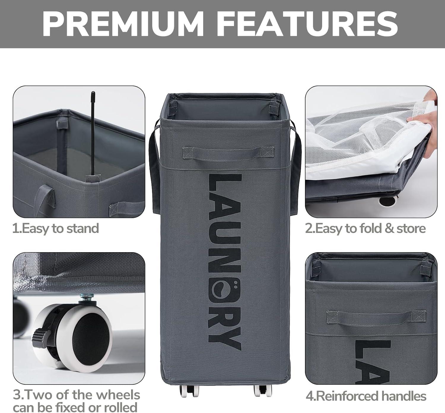 VOKIAL Laundry Basket With Wheels, 2PACK 75L Rolling Laundry Baskets With Removable Laundry Bags, Apartment Essentials, Collapsible Laundry Baskets, Laundry Bag, Corner Dorm Foldable Laundry Baskets, Slim Laundry Baskets