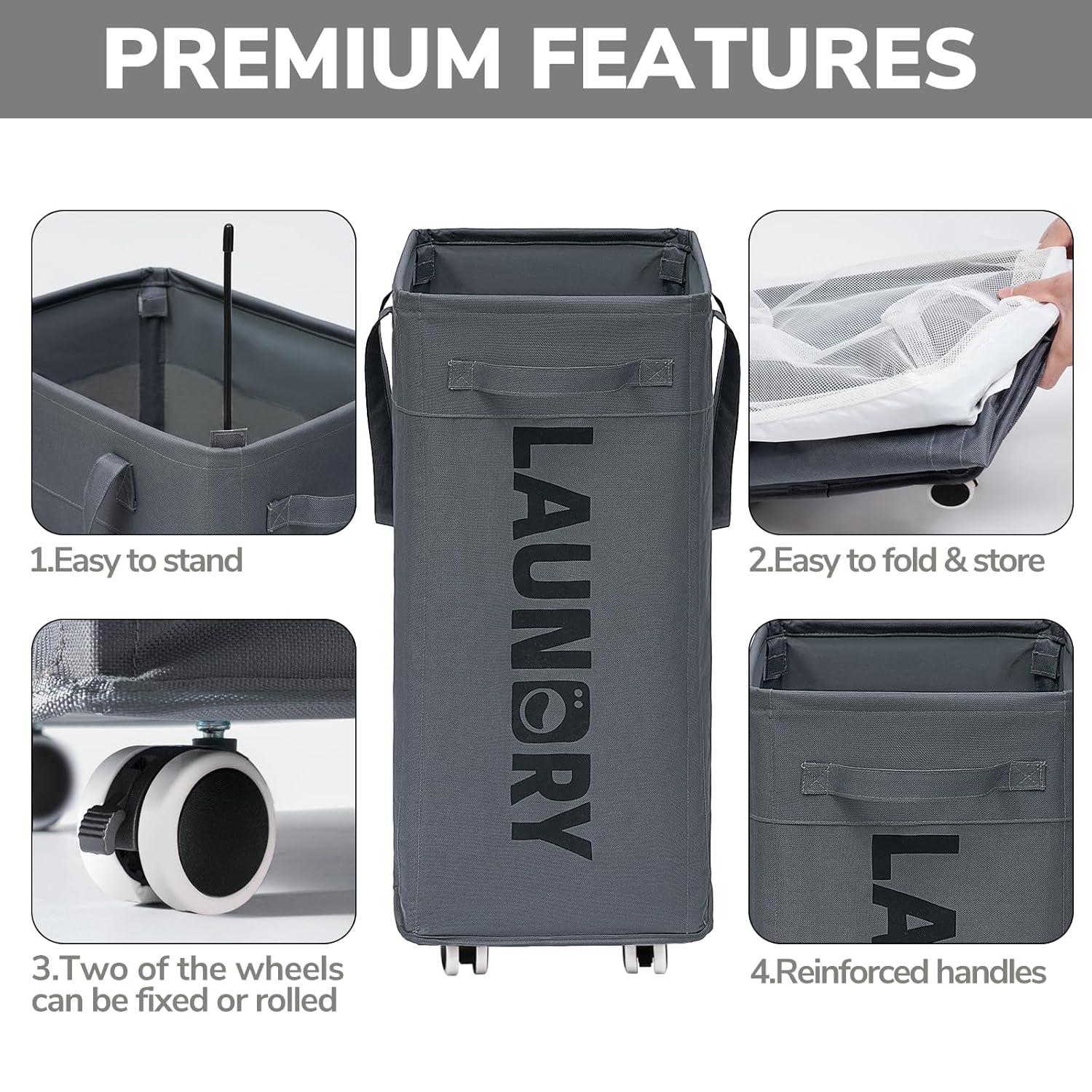 VOKIAL Laundry Basket With Wheels, 2PACK 75L Rolling Laundry Baskets With Removable Laundry Bags, Apartment Essentials, Collapsible Laundry Baskets, Laundry Bag, Corner Dorm Foldable Laundry Baskets, Slim Laundry Baskets