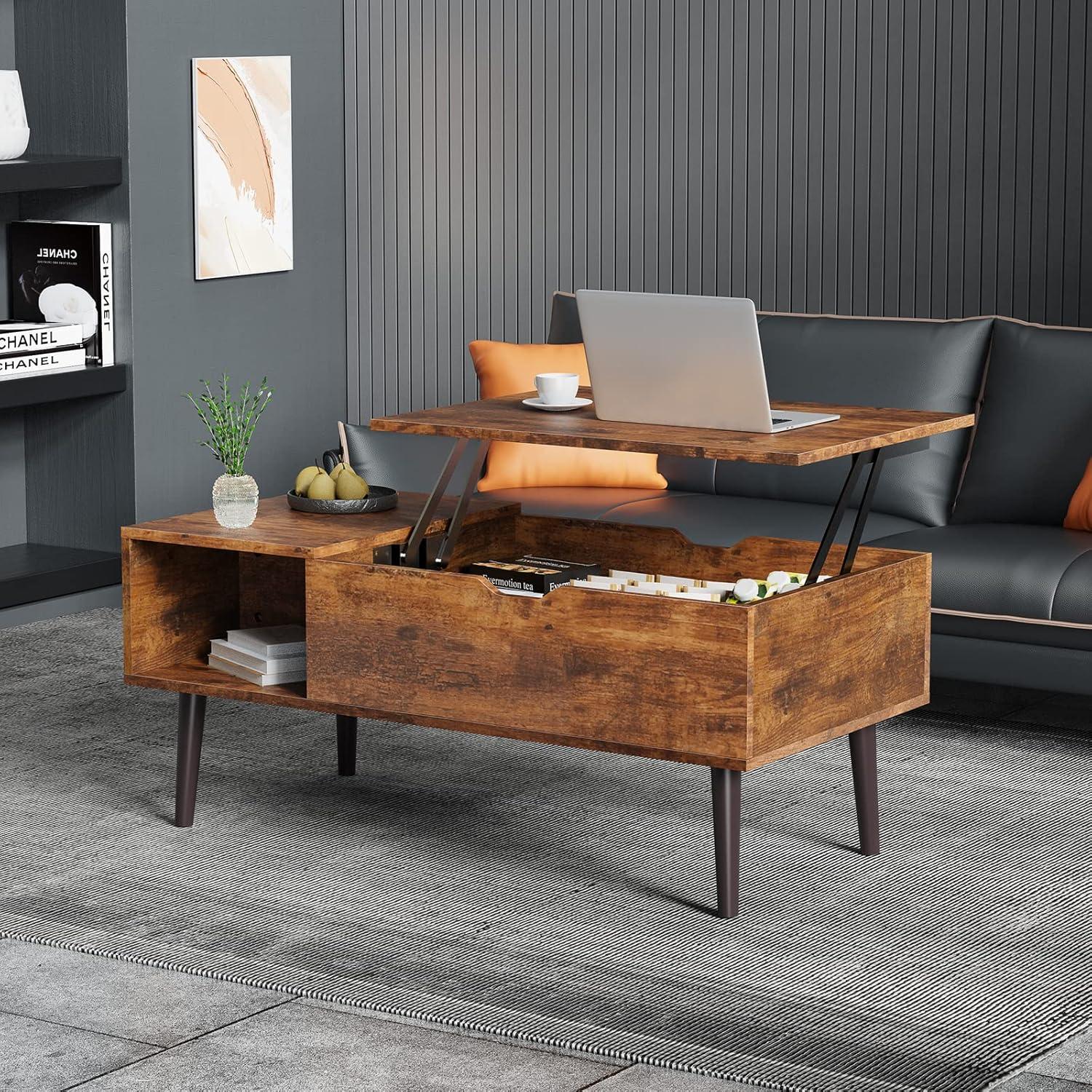 Rustic Brown Lift-Top Coffee Table with Storage Shelves and Hidden Compartments