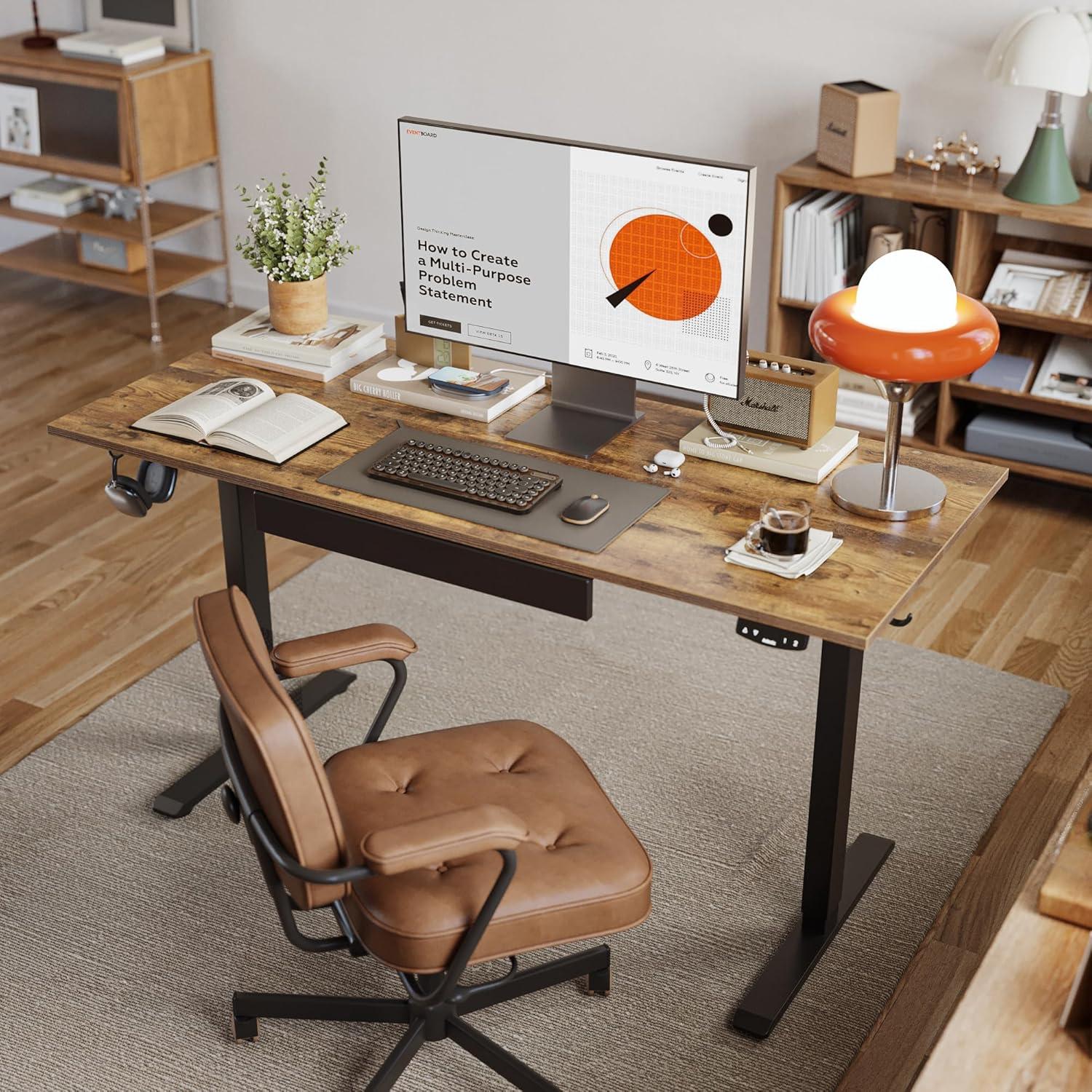 Agilestic Adjustable Height Electric Standing Desk with Storage Wooden Drawer, 55 x 24 Inches Stand Up Home Office Computer Gaming Table for Work Office Home, Rustic Brown
