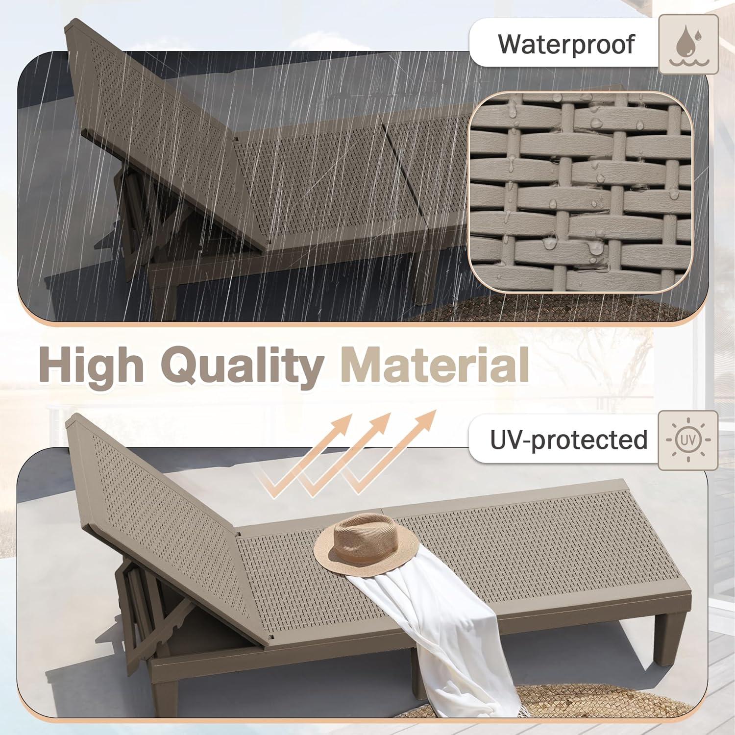 JUMMICO Patio Chaise Lounge Chair Set of 2 Outdoor PE Waterproof Adjustable Easy Assembly Lounge Chairs for Outside Pool Garden Deck Beach (Light Brown, Set of 2)