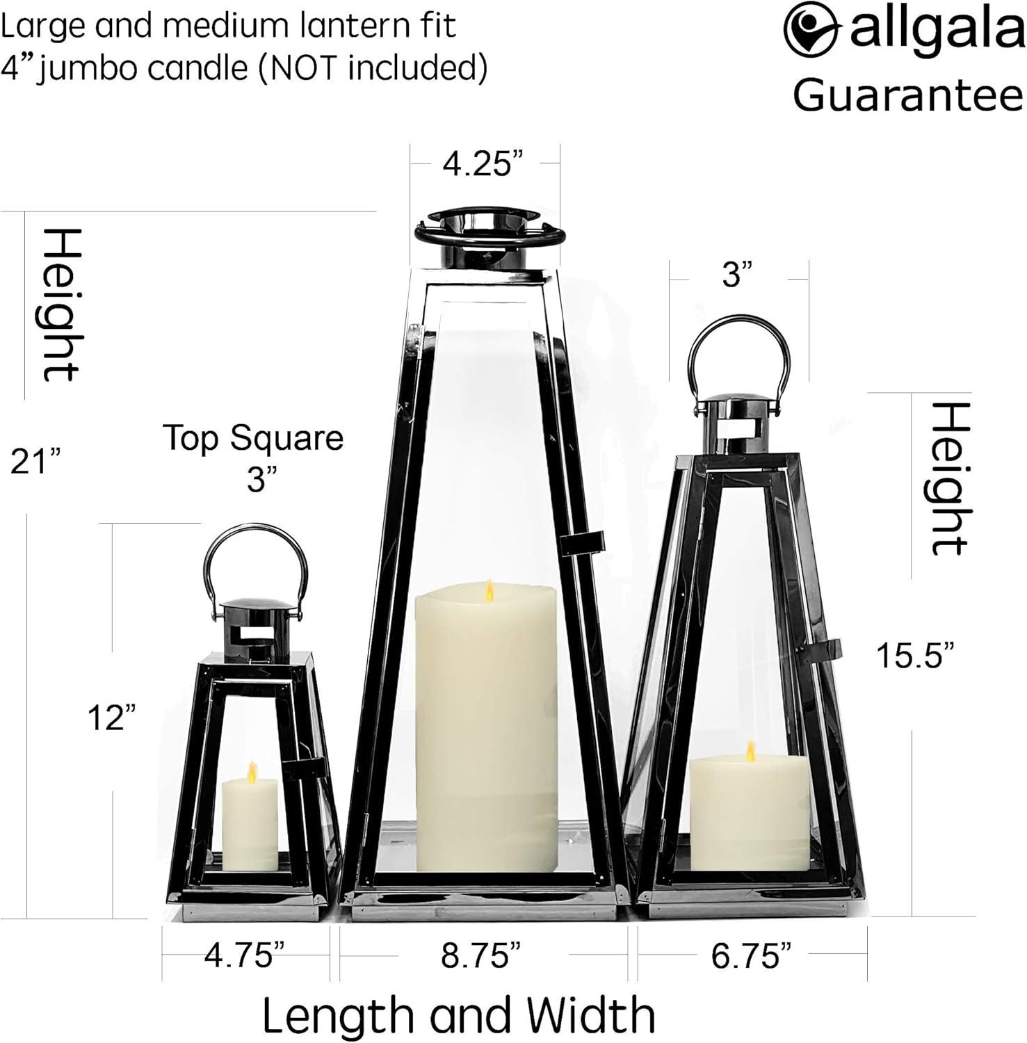 Allgala 3-PC Set Jumbo Luxury Modern Indoor/Outdoor Hurricane Candle Lantern Set With Chrome Plated Structure and Tempered Glass-Taper Black-HD88023