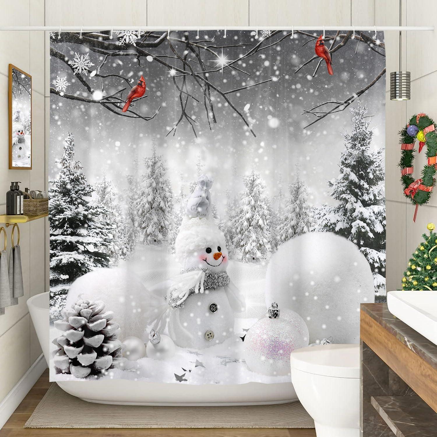 Farmhouse Winter Christmas Shower Curtain, Cute Snowman Snow Forest Pine Tree Scene Shower Curtain For Bathroom Rustic Xmas Snowflake Holiday Gray Bathroom Accessories Polyester 72"X72" With Hooks